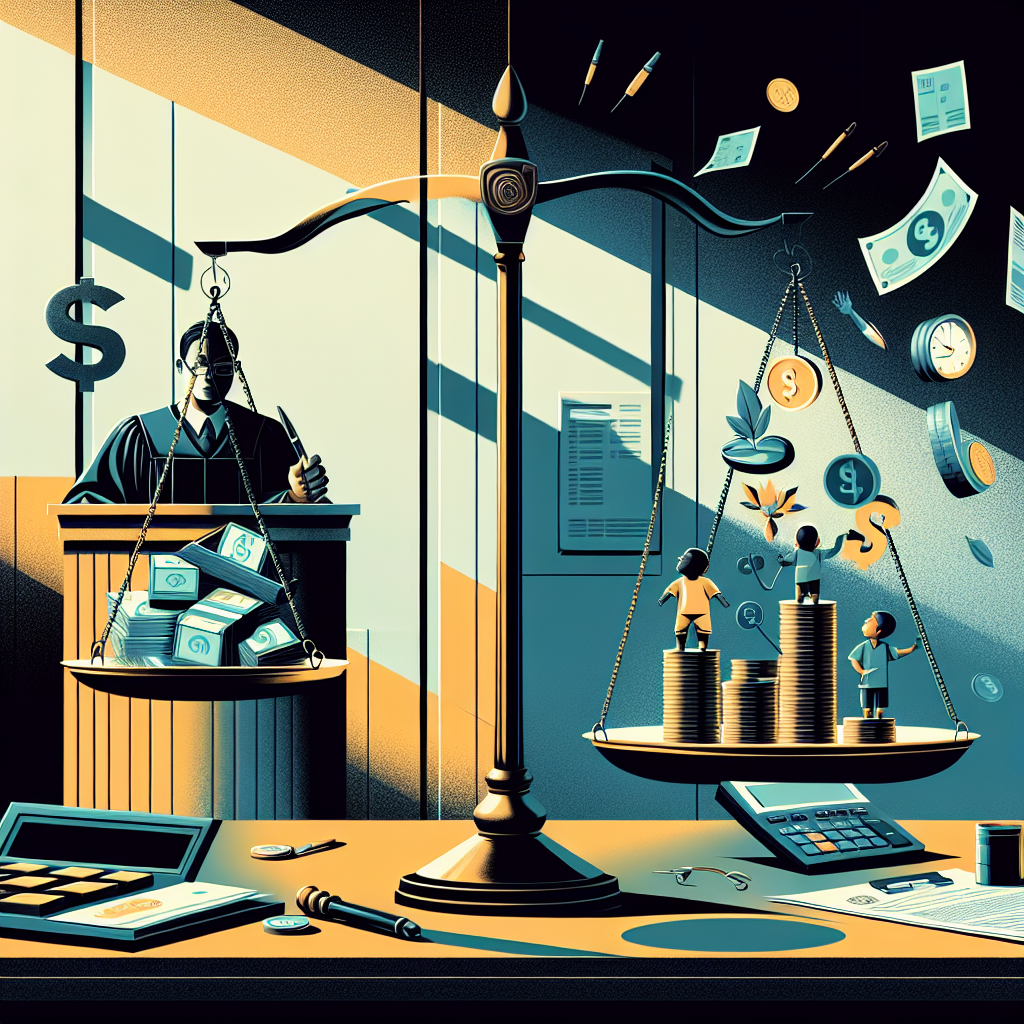 Here's a description for an image based on your requirements:
A stylized illustration shows a Taiwanese judge balancing scales, symbolizing fairness in child support calculations. On one side of the scales are stacks of coins and bills, on the other side are icons representing children's needs like food, education, and healthcare. A calculator and legal documents float nearby. The background features a modern courtroom in bold, contrasting colors with clean lines. The overall composition is dynamic and visually engaging, with dramatic lighting highlighting key elements.