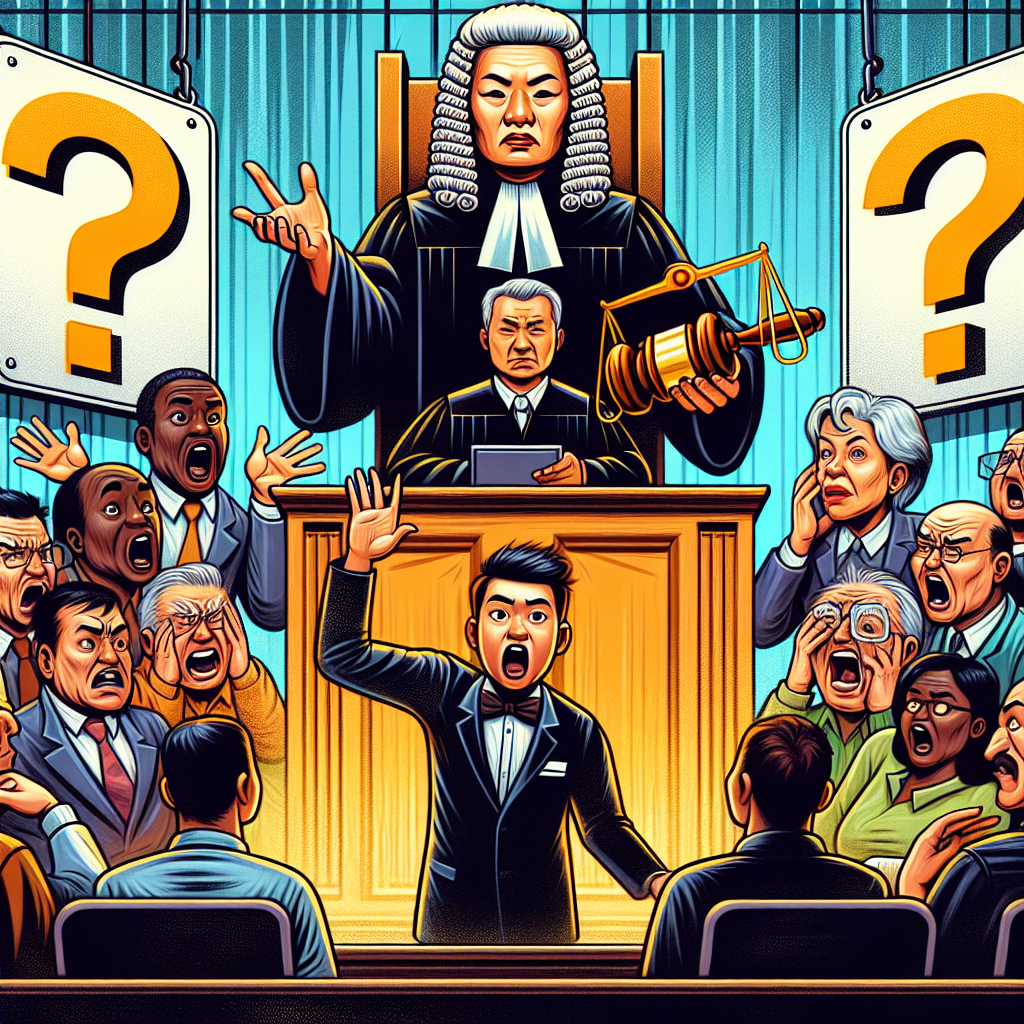 圖片描述:
一個明亮色彩的漫畫風格法庭場景,中央是一位台灣法官坐在高台上。左側站著一位表情誇張的律師,手中拿著一個巨大的問號。右側是一群神情各異的旁聽群眾,有人困惑揉太陽穴,有人驚訝張大嘴巴。背景牆上掛著一個放大的FAQ標誌。整個畫面充滿動感,將法庭上常見問題的概念生動呈現出來。