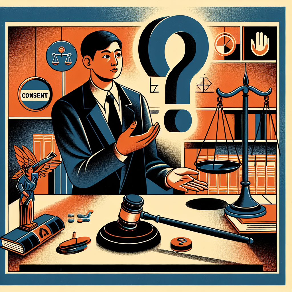 Here's a description for an image to accompany the FAQ section:
A stylized illustration depicting a legal consultation scene. A Taiwanese lawyer sits at a desk, gesturing towards a floating question mark. Beside them, scales of justice and a gavel symbolize the legal process. Bold, contrasting colors and clean lines create a modern, dynamic feel. Symbolic icons representing consent and punishment float in the background, conveying the complex nature of sexual assault cases. The overall composition is visually engaging and professional.