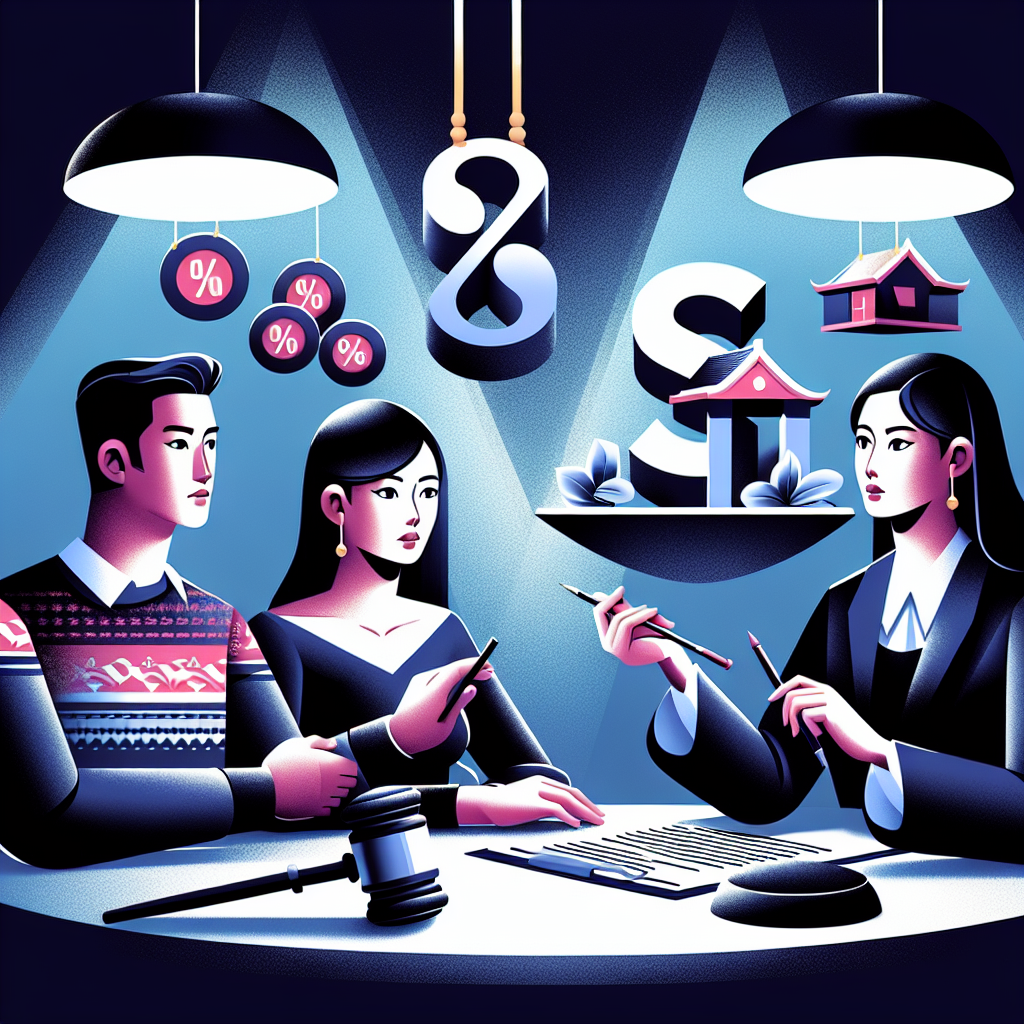 Here's a description for an image to accompany the article section:
A stylized illustration shows a Taiwanese couple sitting at a table with a legal professional. Between them, floating 3D numbers and percentages represent calculations. A large scale balances money symbols and a house icon. Bold, contrasting colors and clean lines create a modern, dynamic feel. Symbolic icons like a gavel and contract scroll add legal context. Dramatic lighting highlights key elements, conveying a professional yet visually engaging consultation scene.