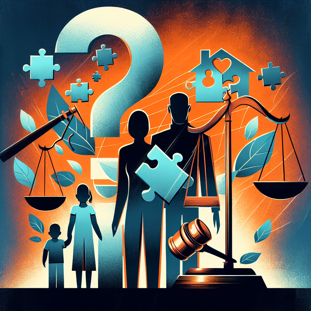 A stylized illustration depicting a Taiwanese family silhouette with a question mark above them, symbolizing uncertainty. A large gavel and legal scales balance on opposite sides, representing justice and legal decisions. Puzzle pieces with icons of a house, heart, and document float between, suggesting complex family law issues. Bold contrasting colors of blue and orange create a dynamic backdrop. Clean lines and modern design convey a professional legal consultation theme, while dramatic lighting adds depth to the composition.