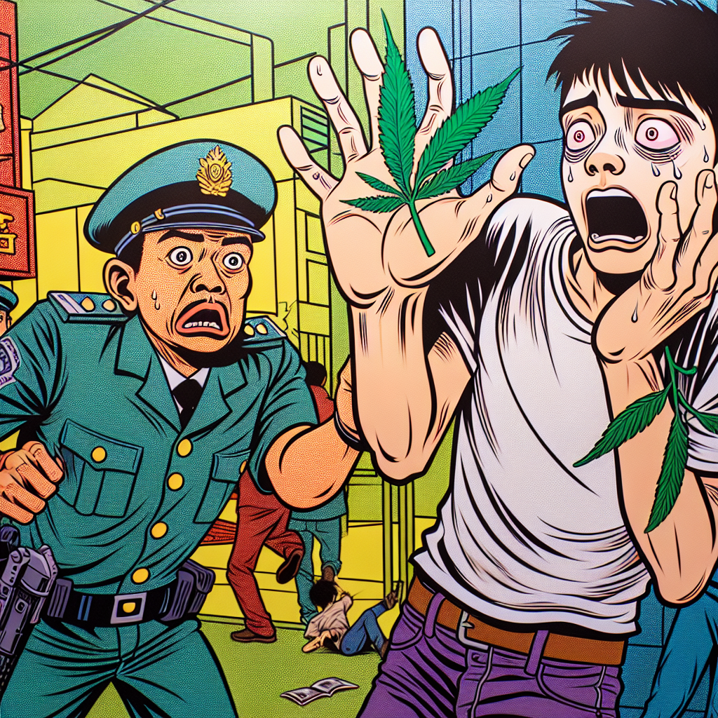 圖片描述:
一幅漫畫風格的插圖,展現一個台灣年輕男子(小明)被警察逮捕的戲劇性場景。小明表情驚恐,雙手高舉,一包疑似大麻的綠色植物從他口袋掉落。警察表情誇張,眼睛瞪大。背景是繽紛的街道,充滿動感線條。整體畫面色彩鮮艷,線條簡潔有力,富有強烈的視覺衝擊力和故事性,呈現出蘋果日報和壹週刊新聞圖像的特色風格。