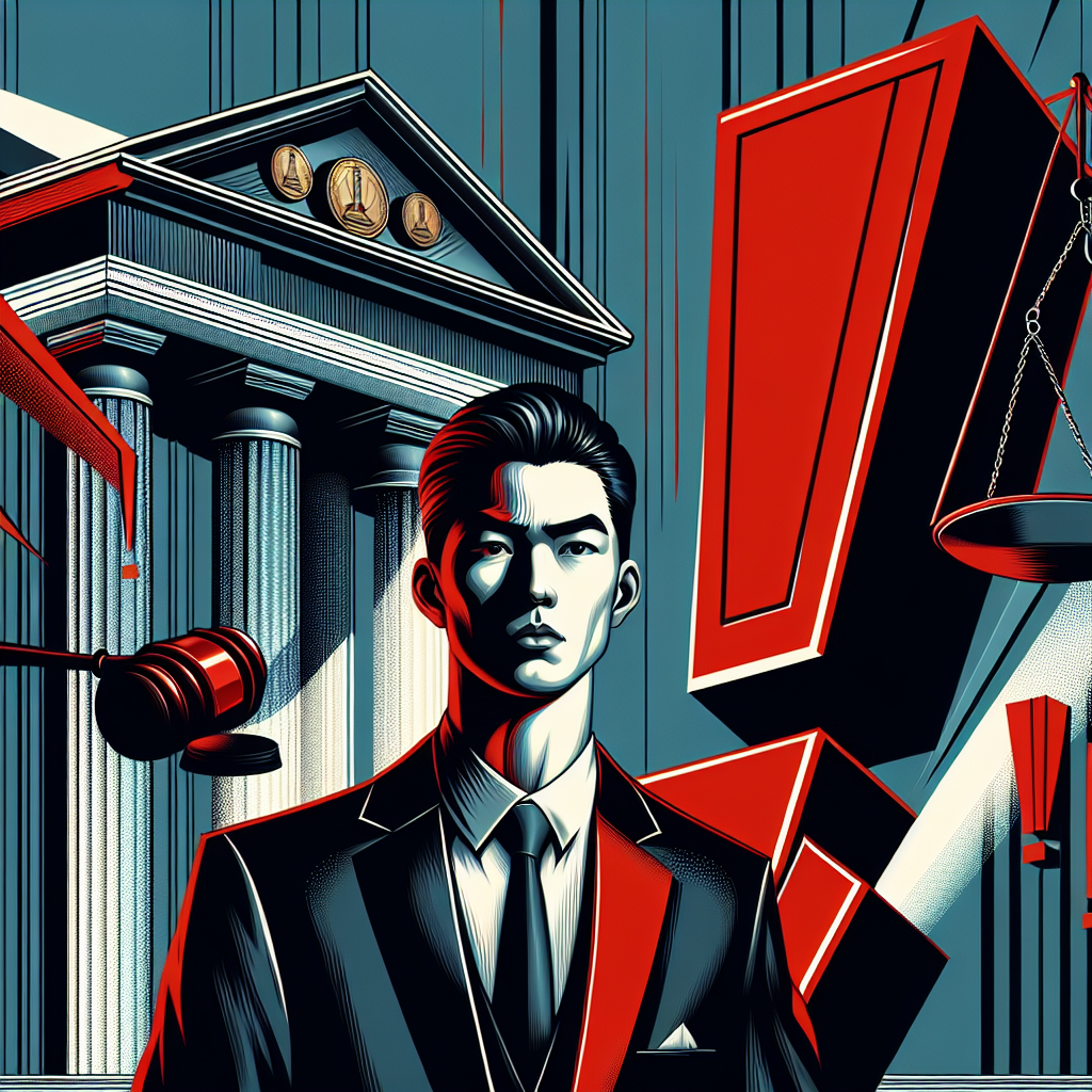 Here's a description for an image based on your requirements:
A stylized illustration shows a Taiwanese professional in a suit confidently standing before a large red exclamation mark, symbolizing a warning account. Behind them, a courthouse facade looms. To one side, legal icons like scales of justice and a gavel float. Bold lines and contrasting colors create a dynamic, modern art feel. Dramatic lighting casts long shadows, adding depth and intensity to the scene.