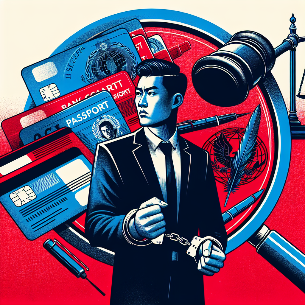 Here's a description for an image based on your requirements:
A stylized illustration showing a Taiwanese businessman in handcuffs, symbolizing the arrested fraudster. Behind him, a large magnifying glass reveals multiple bank cards and passports, representing the use of shell accounts. To the side, a judge's gavel and scales of justice emphasize legal consequences. Bold red and blue colors contrast against a stark white background, creating a dynamic and visually striking composition that conveys the seriousness of financial crimes and their legal ramifications.