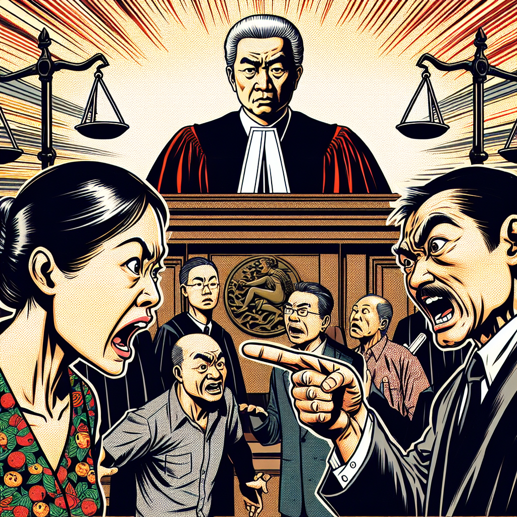 圖片描述:
一幅漫畫風格的法庭場景,色彩鮮豔。中央是一名表情嚴肅的台灣法官,身穿黑色法袍。法官左側站著一對夫妻,妻子神情憤怒地指向丈夫。右側是另一名男子,低頭露出愧疚表情。背景有一個巨大的天平符號,象徵正義。整體畫面充滿戲劇性和動感,生動呈現了侵害配偶權的法律審判過程。