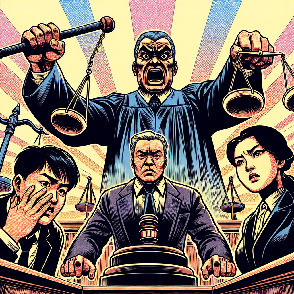 圖片描述:
一幅充滿活力的漫畫風格插圖,展現了法庭審判的戲劇性場景。中央是一位表情誇張的法官,手持巨大木槌。左側是一位神情緊張的被告,右側則是一位正義凜然的檢察官。背景有一個巨大的天平,一邊是"正犯"字樣,另一邊是"幫助犯"。整個畫面色彩鮮艷,線條粗獷簡潔,充滿動感和戲劇性,生動呈現了刑事責任的權衡過程。人物均為台灣人特徵。