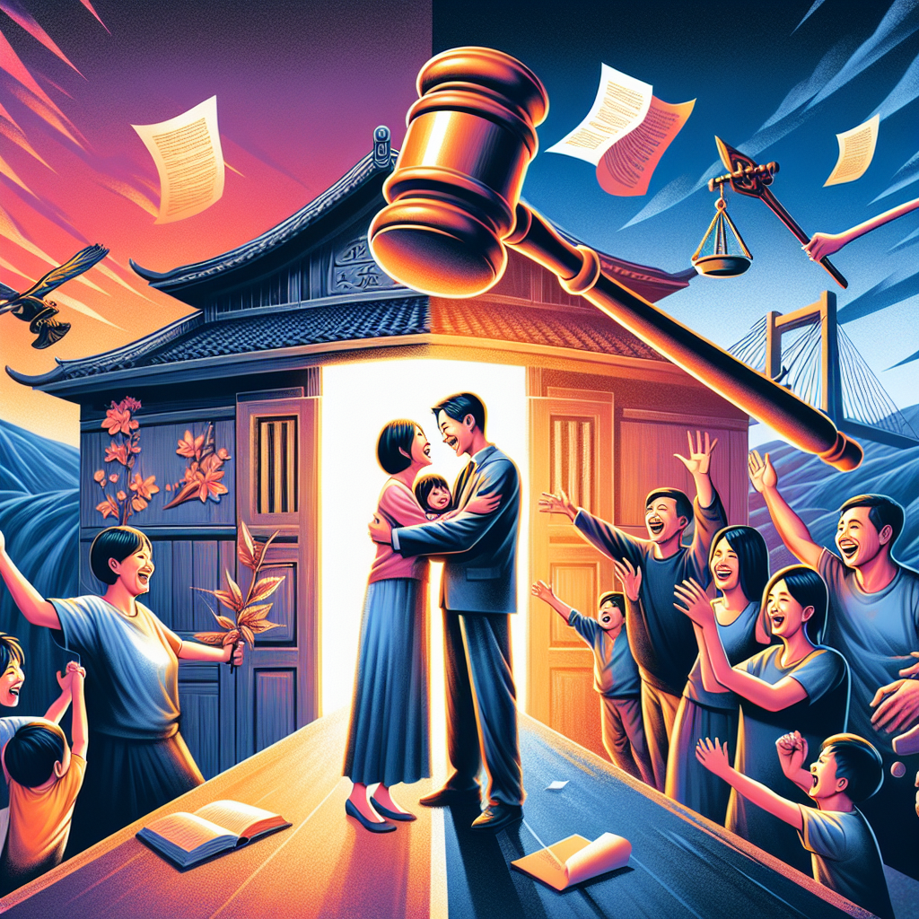 Here's a description for the image:
A stylized illustration shows a Taiwanese family reuniting, with parents embracing children. A large gavel transitions into a bridge, symbolizing legal changes. Contrasting bold colors separate past and present. Legal documents and family icons float around, representing restored rights. The scene is dramatically lit, creating a dynamic and hopeful atmosphere.
This 60-word description visualizes key concepts related to revoking termination of parental rights, changes in rights, and legal impacts in a modern, artistic style. It incorporates the requested elements while maintaining a professional and engaging feel without using any Chinese characters.