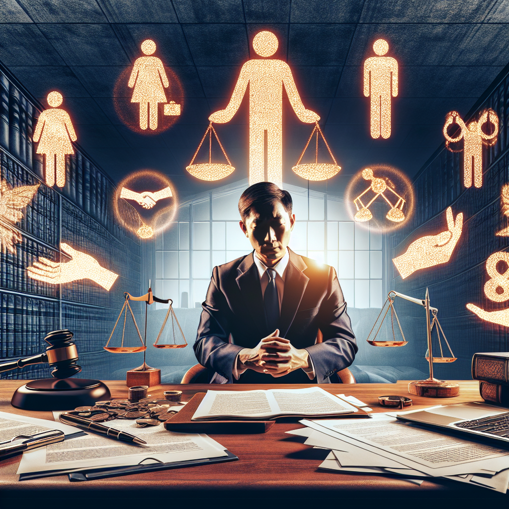 Here's a description for an image based on your requirements:
A stylized modern illustration depicting a legal consultation scene. A Taiwanese lawyer in professional attire sits at a desk, gesturing towards floating symbolic icons representing consent, accusation, and justice. Bold contrasting colors and clean lines create a dynamic composition. Dramatic lighting highlights key elements, while artistic design elements like scales of justice and legal documents add depth. The overall feel is visually engaging and professional, conveying the complexities of sexual assault allegations and legal analysis.