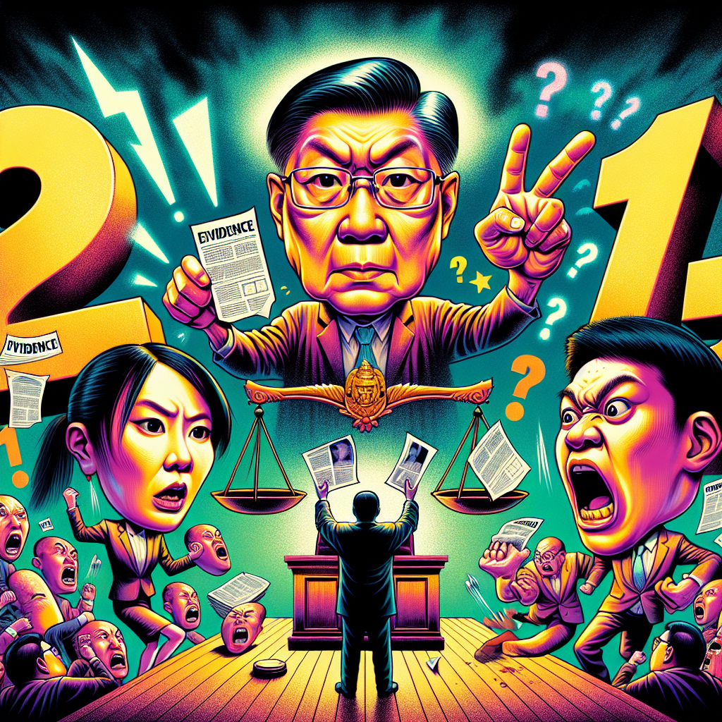 圖片描述:
一個台灣法庭場景,以誇張漫畫風格呈現。中央是一位表情堅定的原告,手持放大的證據文件。對面是一位驚慌失措的被告,被巨大的問號和感嘆號包圍。法官高高在上,手持天平。背景有四個亮眼的數字"1234",代表四大策略。整體色彩明亮鮮豔,線條簡潔有力,充滿戲劇性和動感,吸引眼球並富有故事性。