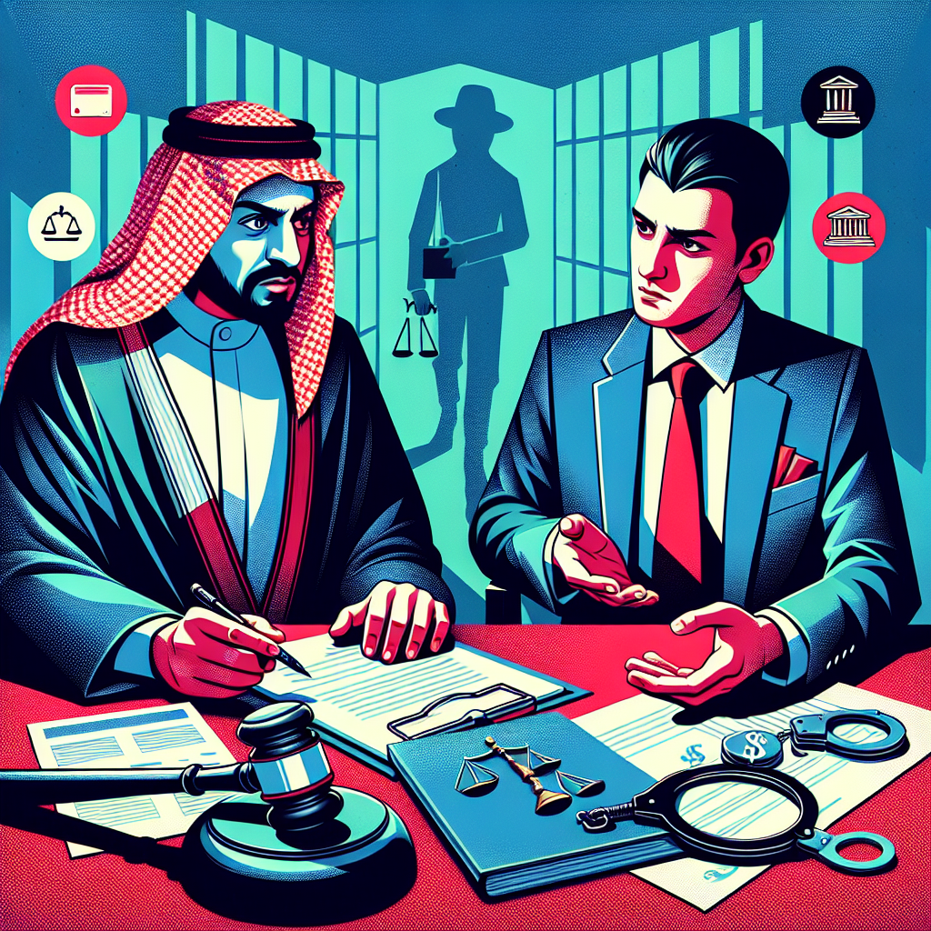 A stylized illustration showing a Taiwanese lawyer in a suit consulting with a concerned client across a desk. Legal documents and a gavel are prominently displayed. In the background, symbolic icons represent bank accounts, handcuffs, and courtroom scales. Bold red and blue colors contrast against a crisp white backdrop, creating a dynamic and professional atmosphere. The scene conveys the seriousness of legal consequences for fraudulent account practices.