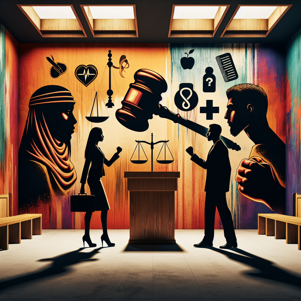 Here's a description for an image based on your requirements:
A stylized courtroom scene with bold, contrasting colors. A judge's gavel hovers prominently, symbolizing justice. Two figures - a lawyer and defendant - stand facing each other, their silhouettes sharp and dramatic. Floating icons represent key elements of assault crimes: a fist, a medical cross, and scales of justice. Dynamic lighting casts long shadows, creating a tense atmosphere. The overall composition is modern and visually striking, conveying the gravity of legal proceedings.