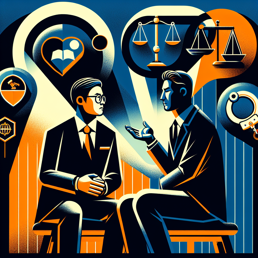 Here's a description for an image based on your requirements:
A stylized modern illustration depicting a Taiwanese legal professional consulting with a client. Bold contrasting colors and clean lines frame the scene. Symbolic icons of scales, gavel, and handcuffs float around them. A dramatic spotlight illuminates key elements, creating a dynamic and visually engaging composition that represents legal consultation and fraud accomplice concepts.