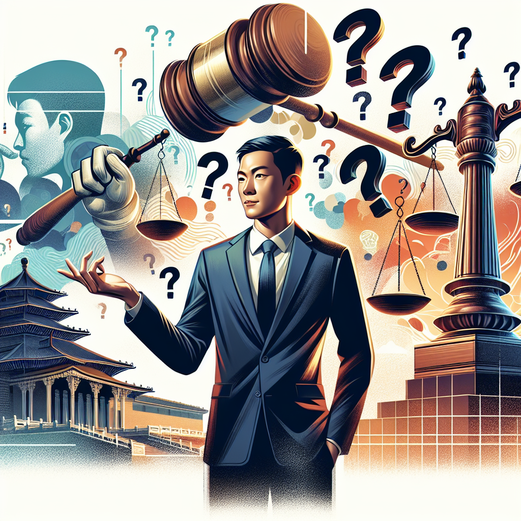 Here's a suitable image description based on your requirements:
A stylized illustration depicting a legal consultation scene. A Taiwanese lawyer in professional attire stands confidently, gesturing towards floating question mark icons. Behind them, a large gavel and scales of justice symbolize the legal system. Bold, contrasting colors and clean lines create a dynamic, modern art style. Dramatic lighting highlights key elements, while subtle background patterns add depth. The overall composition conveys a sense of expertise and support in addressing sensitive legal matters.