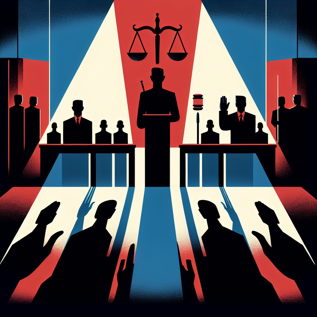 Here's a suitable image description based on your requirements:
A stylized modern art illustration depicting a courtroom scene. A witness stand is prominently featured, with a silhouette of a person taking an oath. Scales of justice and a gavel hover above, symbolizing law and order. Bold red and blue colors contrast sharply. Clean lines form abstract representations of judge, jury, and attorneys. Dramatic lighting casts long shadows, creating a sense of gravity and importance. The overall composition is dynamic and visually engaging, conveying the serious nature of courtroom testimony and the consequences of perjury.