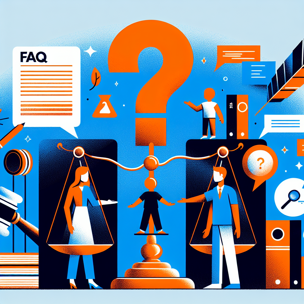 Here's a description for an image that meets your requirements:
A stylized illustration shows two Taiwanese parents facing each other, separated by a large question mark. Between them, a child figure stands on a balance scale. Legal icons like gavels and documents float around. Bold colors of blue and orange contrast dramatically. Clean lines and geometric shapes create a modern, professional feel. A counselor figure gestures towards an oversized FAQ sign, symbolizing guidance through common custody questions.