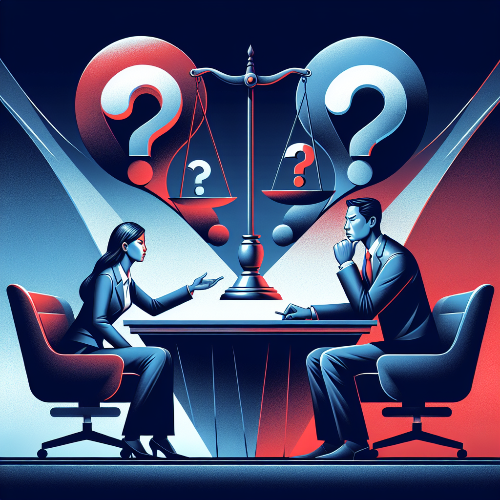 Here's a description for an image based on your requirements:

A stylized illustration depicting a legal consultation scene. A Taiwanese lawyer sits at a modern desk, gesturing towards floating question mark icons. Opposite, a concerned client leans forward. Between them, a scales of justice icon balances dramatically. Bold red and blue tones contrast against a sleek gray background. Clean lines and dramatic lighting create a dynamic, professional atmosphere, symbolizing the FAQ section on intimidation crimes.