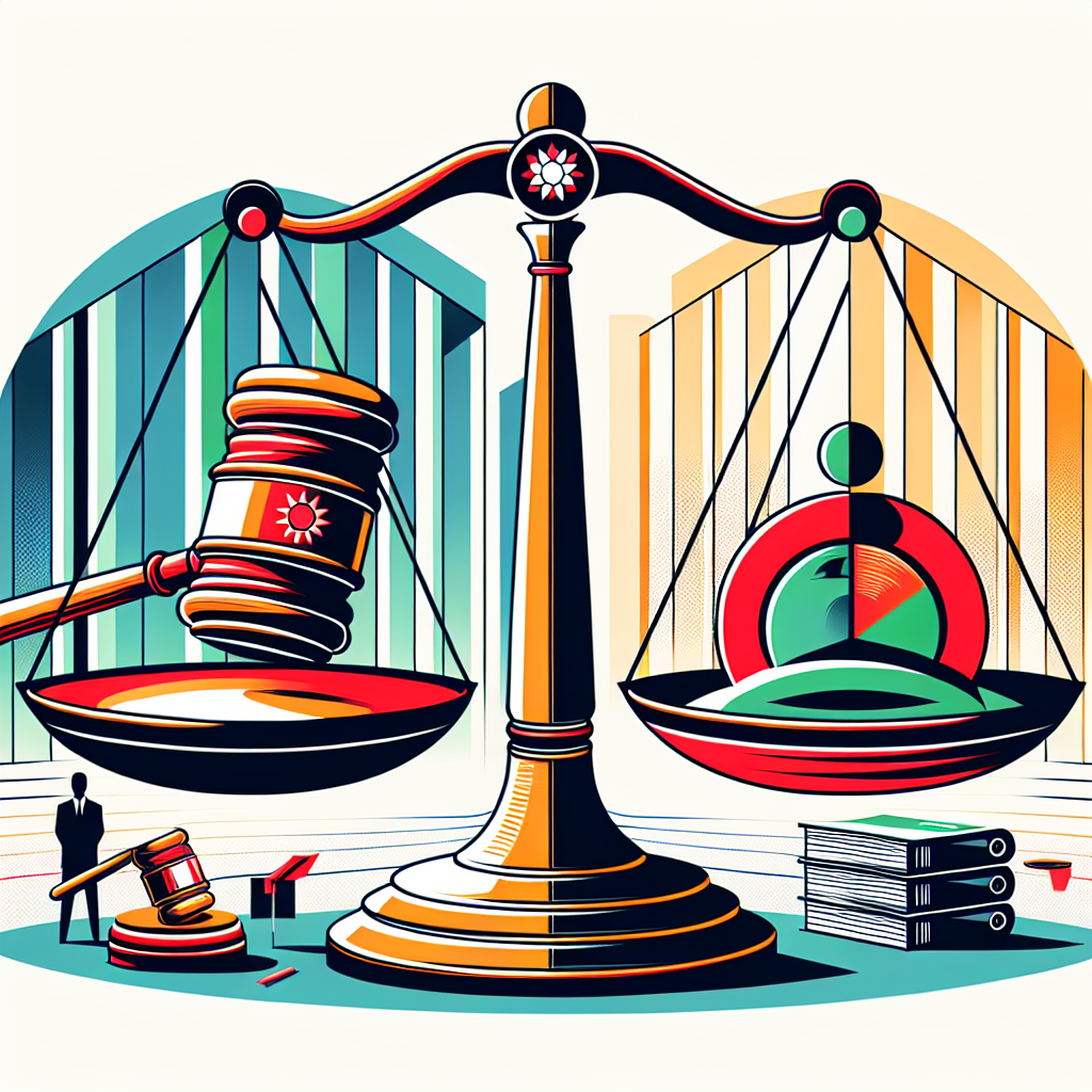 Here's a description for an image that meets your requirements:
A stylized illustration depicting a Taiwanese judge's gavel balancing on scales of justice. One side shows a red figure representing the accused, while the other side displays legal documents and a green icon symbolizing rehabilitation. Bold, contrasting colors and clean lines create a dynamic composition. A backdrop of abstract courthouse columns frames the scene, conveying a sense of legal gravity and professional consultation.