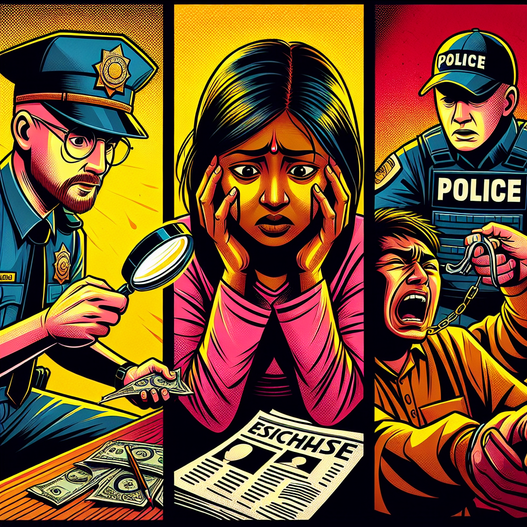 圖片描述:
一幅充滿動感的卡通風格插圖,展示了三個關鍵場景。左側是一名警察正在收集證據,手持放大鏡檢查衣物。中間是一位受害者在接受心理諮詢,表情痛苦。右側是一名嫌疑人被警察逮捕,戴上手銬。背景使用鮮艷的黃色和紅色,突出戲劇性效果。人物表情誇張,線條簡潔有力,整體畫面引人注目且富有故事性,體現了新聞圖像的特色。