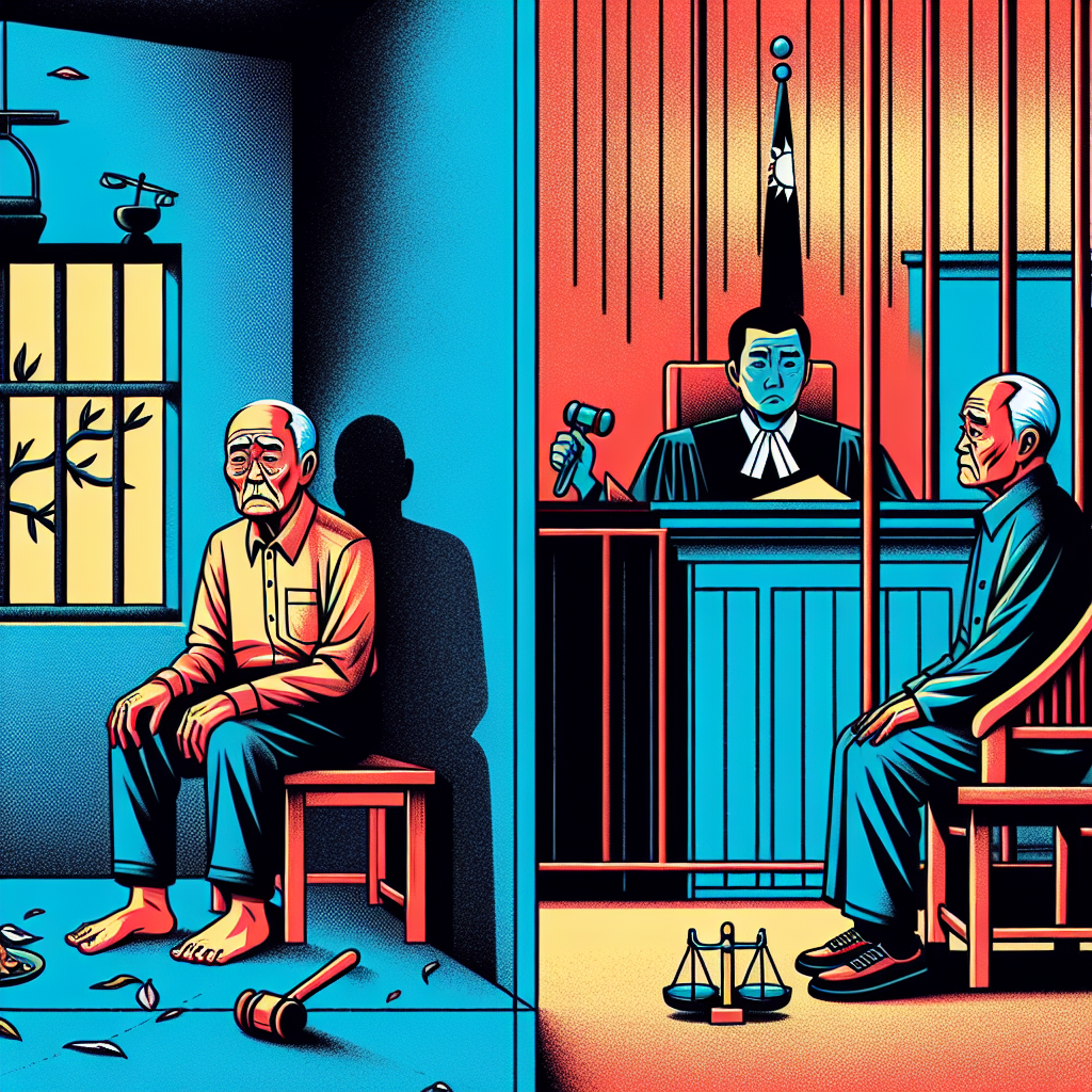 圖片描述:
一幅分割成兩部分的插圖。左側展示一位年邁的台灣老人坐在空蕩蕩的房間裡,表情悲傷。右側是一個法庭場景,法官正在審理一個遺棄父母的案件。法官手持法槌,表情嚴肅。被告席上坐著一名中年男子,面露愧疚。整個畫面採用明亮鮮豔的色彩,人物表情誇張,線條簡潔大膽,充滿戲劇性和動感,具有強烈的視覺衝擊力和情感感染力。