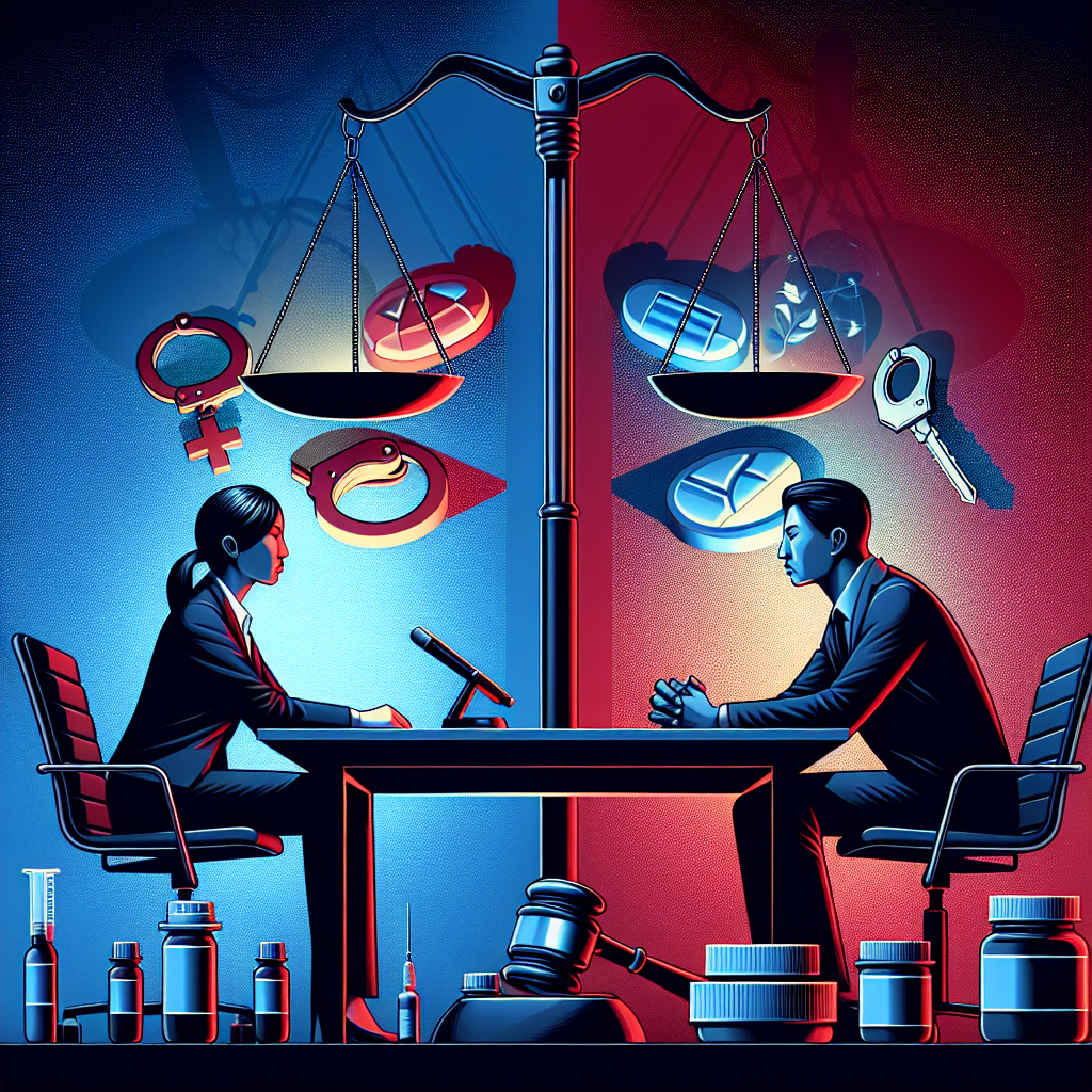 Here's a description for the image based on your requirements:
A stylized illustration depicting a tense legal consultation scene. A Taiwanese lawyer and client sit across a modern desk, separated by a symbolic scale of justice. Bold red and blue lines represent opposing strategies. Pill bottles and handcuffs hover in the background, while a gavel and law book icons float nearby. Dramatic lighting casts long shadows, creating a sense of high stakes and complex decision-making in this drug-related case study.