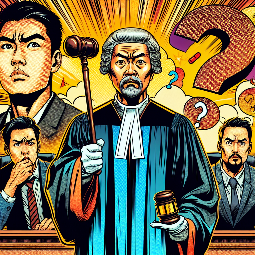 一幅生動的漫畫風格插圖,展現了一個法庭場景。中央是一位穿著法袍的台灣法官,手持木槌,表情嚴肅。法官左側站著一位面露擔憂的被告,右側是一位自信滿滿的律師。背景牆上掛著一個大問號標誌,象徵常見問題。整個畫面色彩鮮明,線條簡潔有力,充滿戲劇性和動感,呈現出典型的蘋果日報風格。這個場景生動地展現了法律程序中的關鍵時刻,吸引觀眾的注意力並引發情感共鳴。