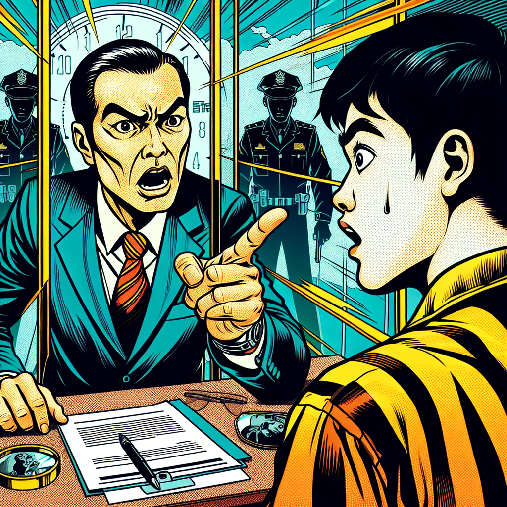 圖片描述:
一幅充滿動感的漫畫風格插圖,展現律師接見場景。中央是一位穿西裝的台灣男律師,表情誇張地伸出手指,似乎在強調重要事項。對面坐著一位囚服的當事人,眼神驚訝。兩人之間有一道透明隔板。背景有警察剪影和時鐘圖案,暗示時間限制。整體色彩鮮艷,線條簡潔有力,充滿戲劇性和新聞感,生動呈現律師接見的關鍵元素和注意事項。