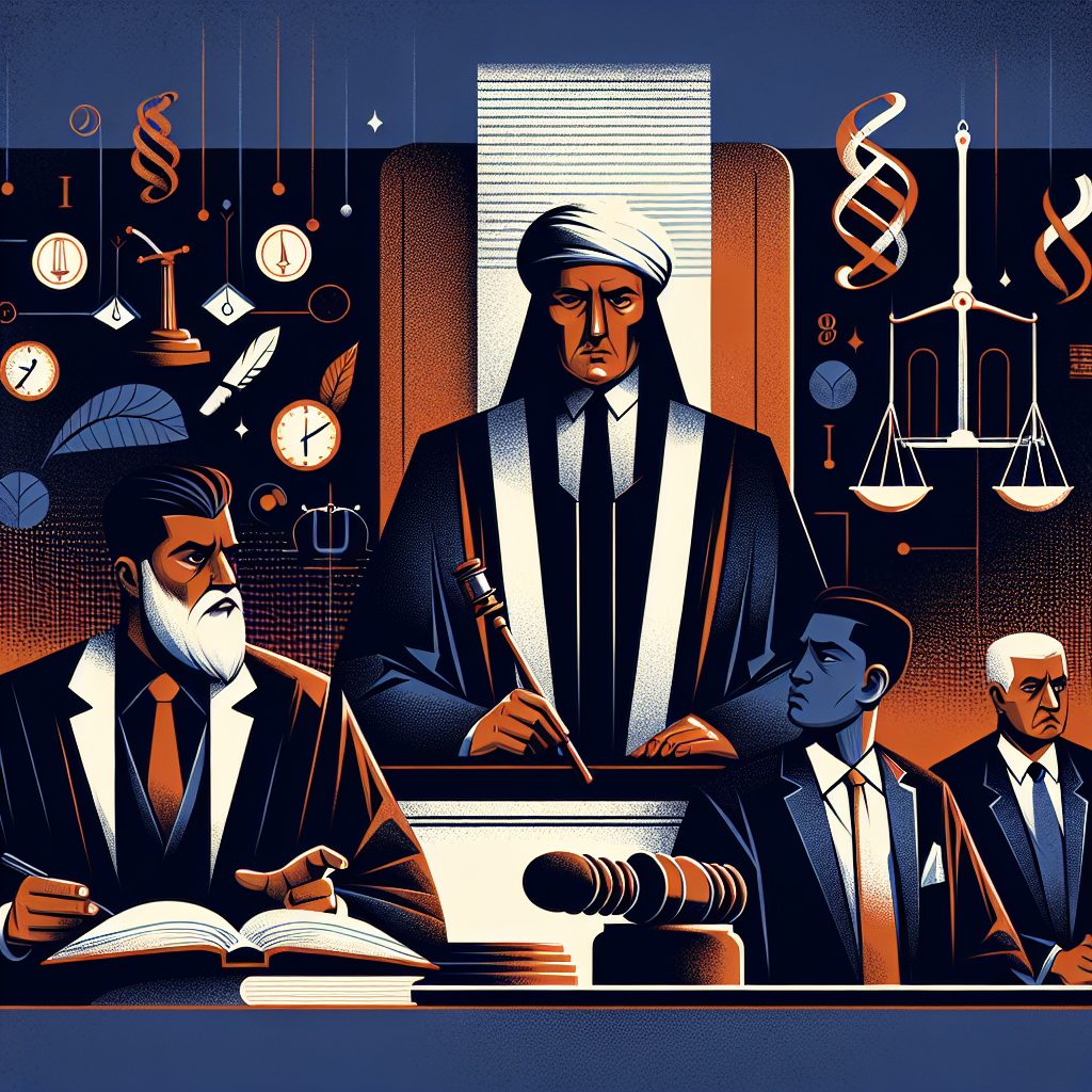 Here's a description for an image based on your requirements:
A stylized modern illustration depicting a courtroom scene. A stern judge in traditional robes stands behind the bench, gavel raised. To one side, a concerned-looking defendant in business attire consults with their lawyer. On the other, a prosecutor points accusingly. Symbolic icons float above - handcuffs, scales of justice, and a paragraph symbol. Bold contrasting colors of deep blue and warm orange create dramatic lighting. Clean lines and geometric shapes give a professional yet dynamic feel. All characters appear to be of Taiwanese descent.