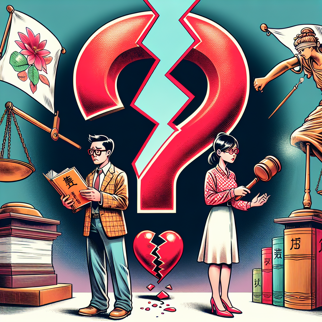 圖片描述:
一個台灣夫妻站在巨大的問號前,表情困惑。丈夫手持放大鏡,妻子翻閱法律書籍。背景有一個法官錘和天平的圖案。兩人之間有一個紅色的心形,被裂痕分割。整體畫面採用鮮艷的漫畫風格,線條簡潔大膽,人物表情誇張生動。場景充滿動感,傳達出婚姻關係中的法律問題和情感糾葛。
