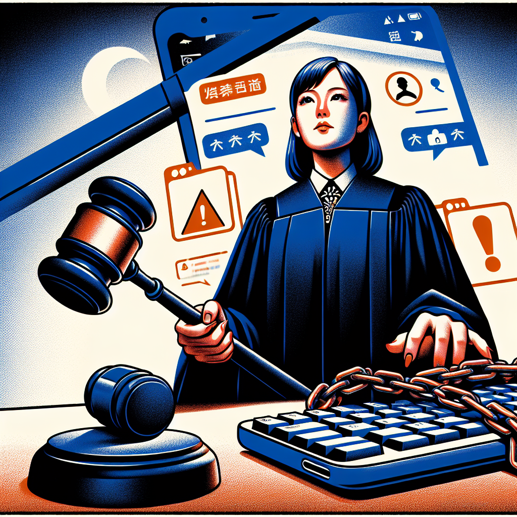 以下是符合要求的圖片描述:

一幅現代風格插畫,描繪一位台灣女法官在法庭上宣判。她身穿黑色法袍,手持木槌。背景有一個巨大的手機屏幕,顯示社交媒體界面和警告標誌。右側有一個被鎖鏈束縛的鍵盤,象徵網路言論的法律限制。整體採用深藍和橙色的對比色調,線條簡潔有力,營造出嚴肅而富有張力的氛圍。