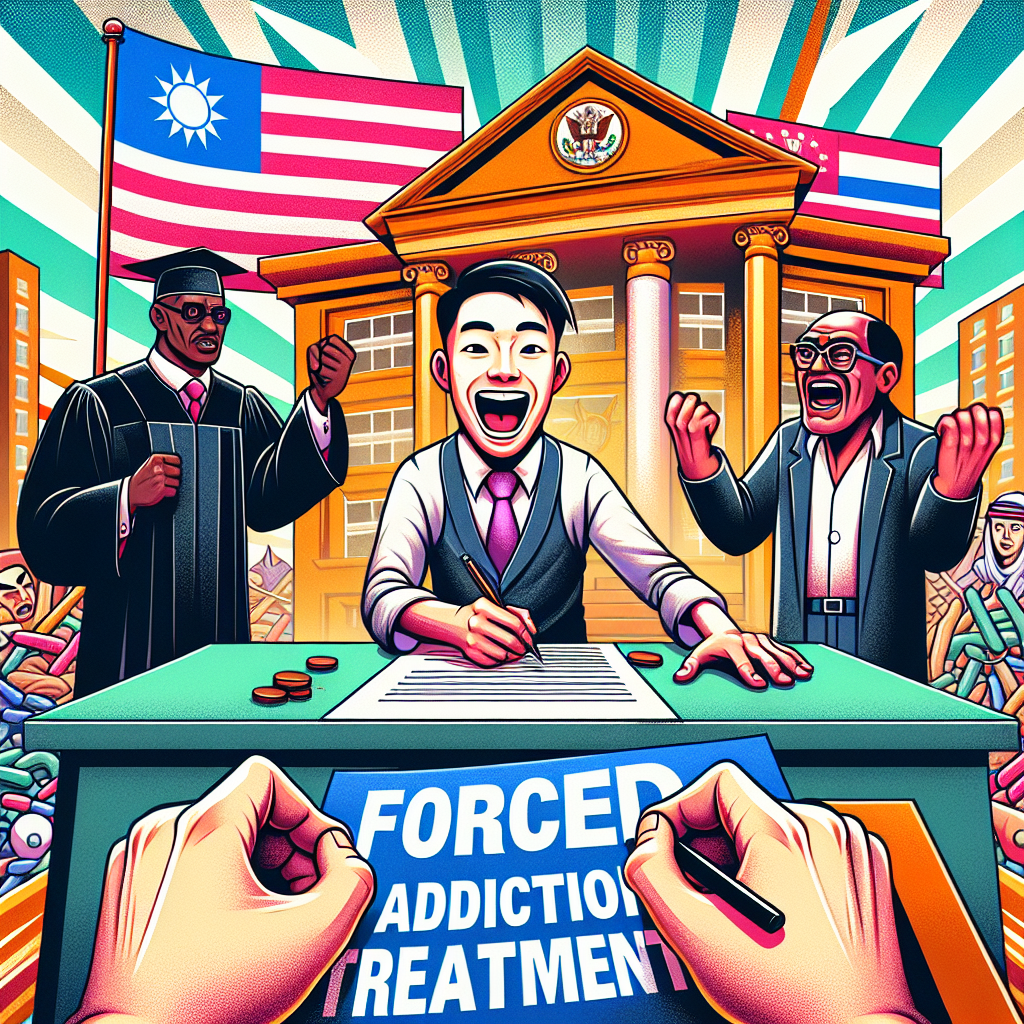 圖片描述:
一幅明亮活潑的漫畫風格插圖,展示了強制戒癮治療的申請過程。中心是一名表情誇張的台灣男子,正在填寫巨大的申請表。旁邊站著一名法官和一名醫生,做出戲劇性的手勢。背景有一座法院和一家醫院的卡通化建築。整體畫面動感十足,色彩鮮艷,充滿戲劇性和故事感,吸引眼球並引人入勝。