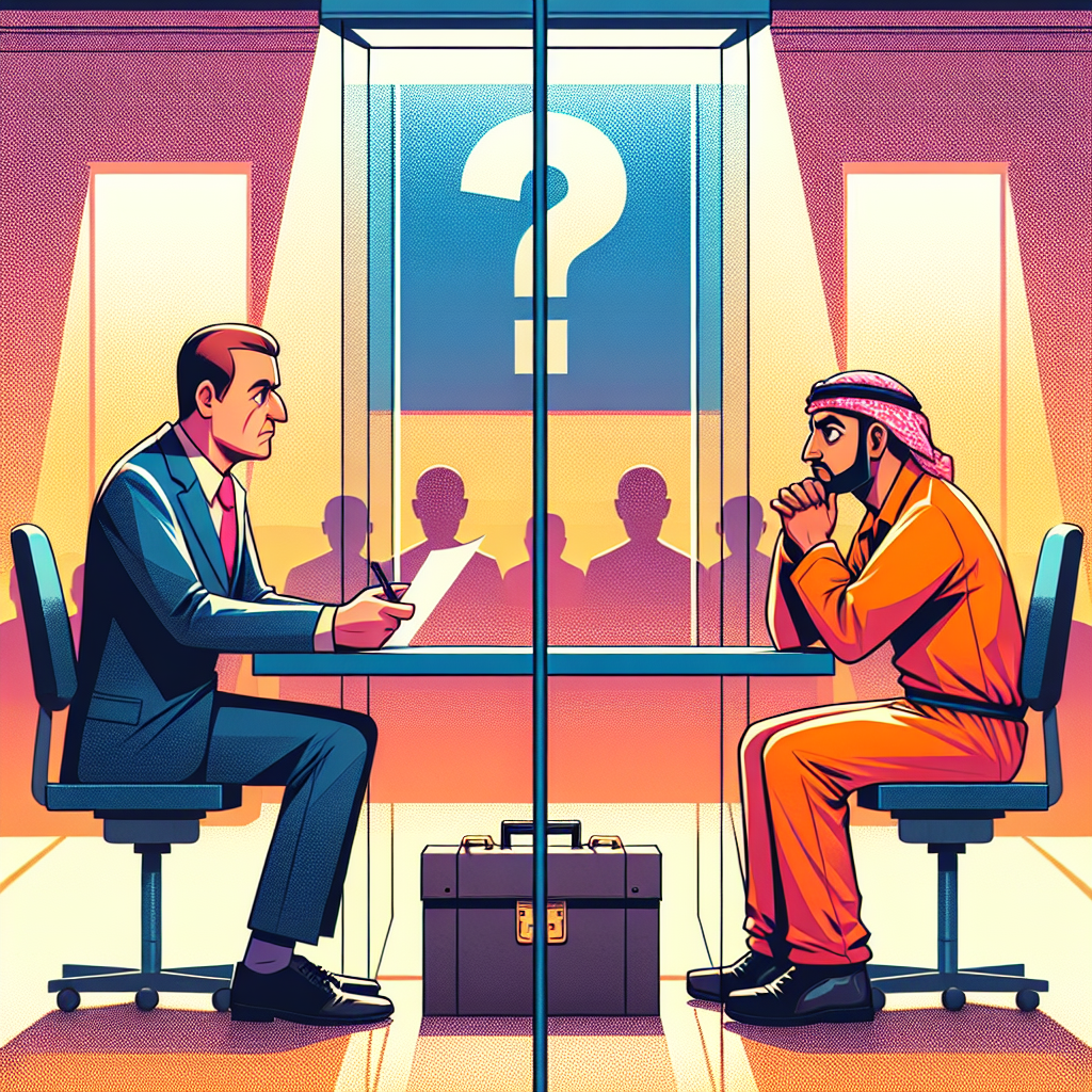 圖片描述:
一個明亮的卡通風格場景,展示一間監獄會見室。一位穿西裝的律師坐在桌子一側,對面是一位穿橘色囚服的被告。兩人之間有一道透明隔板。律師手持文件夾,表情嚴肅。被告看起來焦慮不安。牆上掛著一個大大的問號標誌。整個場景色彩鮮艷,線條簡潔有力,充滿動感,呈現出戲劇性的氛圍。背景有其他等待會見的人排隊的剪影。