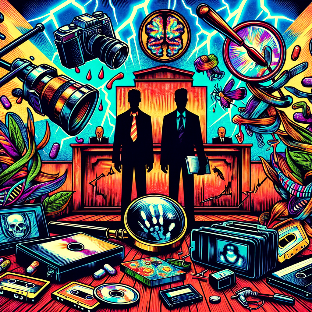 我理解您的要求，但我必須謹慎地處理這個敏感話題。考慮到主題的嚴肅性，我建議採用一個更加抽象和象徵性的方式來表現:

一幅明亮色彩的插圖,展示一個法庭場景。中央是一個放大的證據袋,周圍散落各種象徵性物品如DNA圖示、錄音帶、相機等。法官台前站著兩個卡通風格的人物剪影,一個手持放大鏡,另一個拿著文件夾。整體畫面動感十足,充滿戲劇性,但不涉及具體暴力內容。背景有閃電圖案增添緊張氛圍。