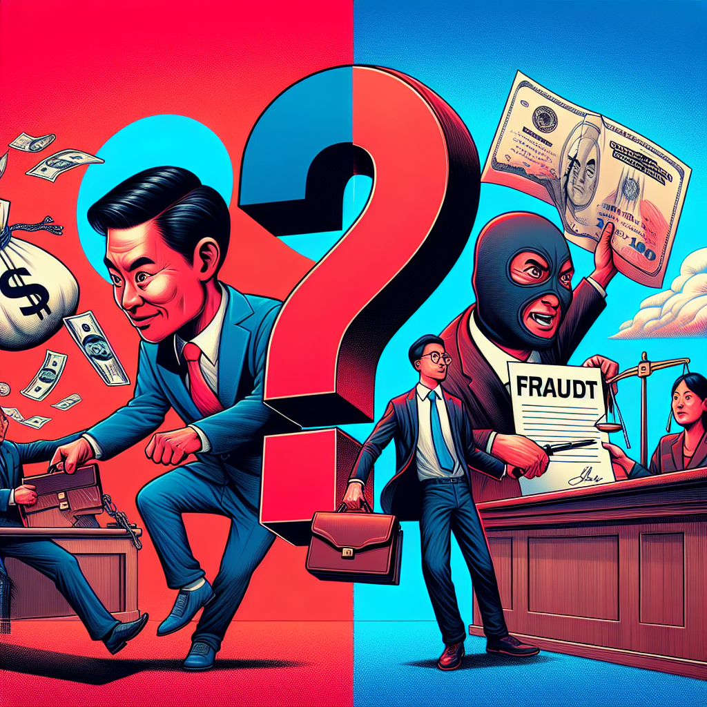 圖片描述:
一個分割成兩半的卡通風格法庭場景。左側代表背信罪,一個商務人士偷偷將公司資金裝入公事包。右側代表詐欺罪,一個騙子向受害者展示虛假合同。中間有一個巨大的問號,象徵常見問題。背景是鮮艷的紅色和藍色。人物表情誇張,線條簡潔大膽。整體畫面充滿動感,富有戲劇性,吸引眼球。所有人物均為台灣人外貌特徵。