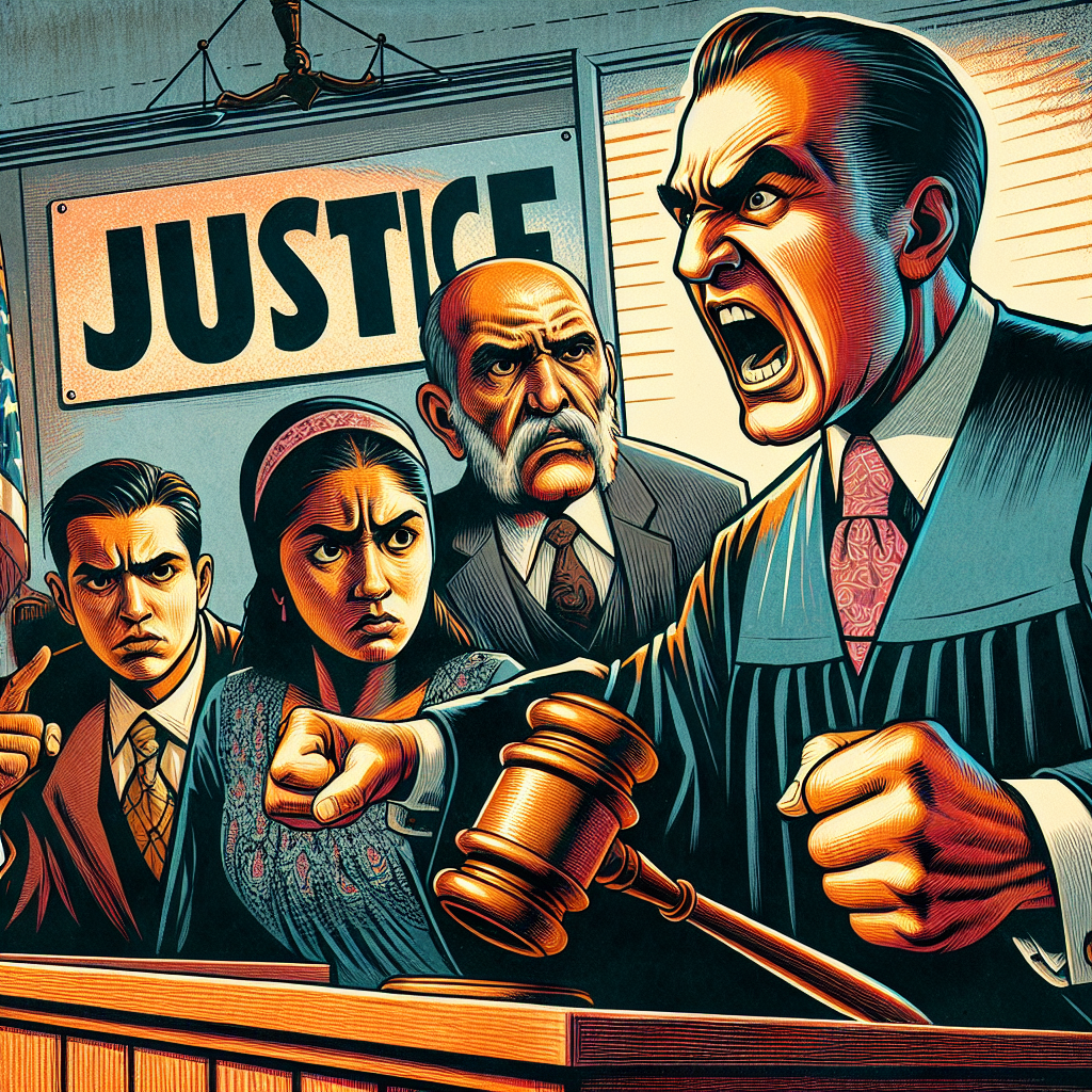 這幅插圖展現了一個戲劇性的法庭場景,採用了蘋果日報和壹週刊新聞圖像的風格。畫面中央是一名表情誇張的法官,正在敲打法槌。左側是一名神情緊張的被告,右側則是一名氣勢洶洶的檢察官。背景牆上掛著"正義"二字的標誌。整個畫面色彩鮮艷,線條簡潔有力,人物特徵誇張,充滿動感和戲劇性,生動呈現了案例研究中的關鍵角色和緊張氛圍。