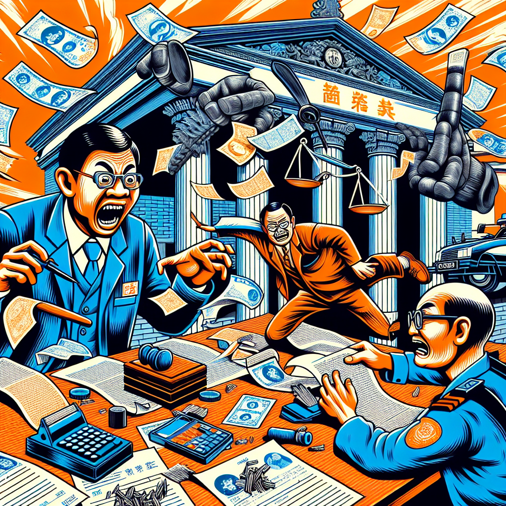 圖片描述:
一位戴著誇張表情的台灣男子正在桌前偽造文件,手持放大鏡和筆。背景是法院建築,上方懸浮著巨大的法槌和天平。男子身旁有一堆文件和印章,散落著碎紙。整個場景以鮮艷的橙色和藍色為主,線條簡潔大膽,充滿動感。畫面右下角有一個驚訝表情的警察正衝向男子,增添戲劇性。整體畫面生動有趣,突出偽造文書的關鍵元素。