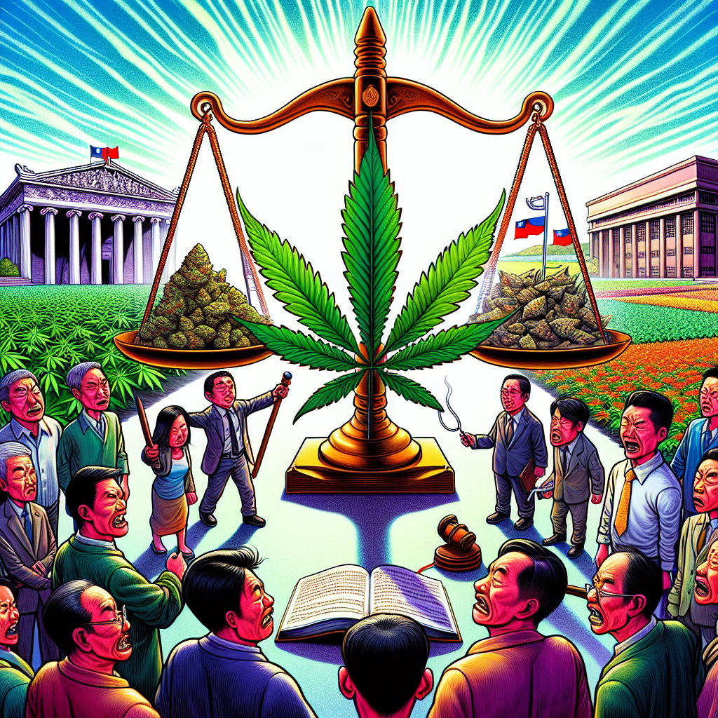 圖片描述:
一幅戲劇性的插圖,呈現大麻政策辯論的結局。中央是一個巨大的天平,一邊放著大麻葉,另一邊是法律書籍。周圍站著誇張表情的台灣人物,代表不同立場。背景有醫院、監獄和農田,象徵各方面影響。整體色彩鮮艷明亮,線條簡潔有力,充滿動感。畫面富有故事性和戲劇性,能引起強烈情感共鳴,反映出這個複雜議題的多面性。