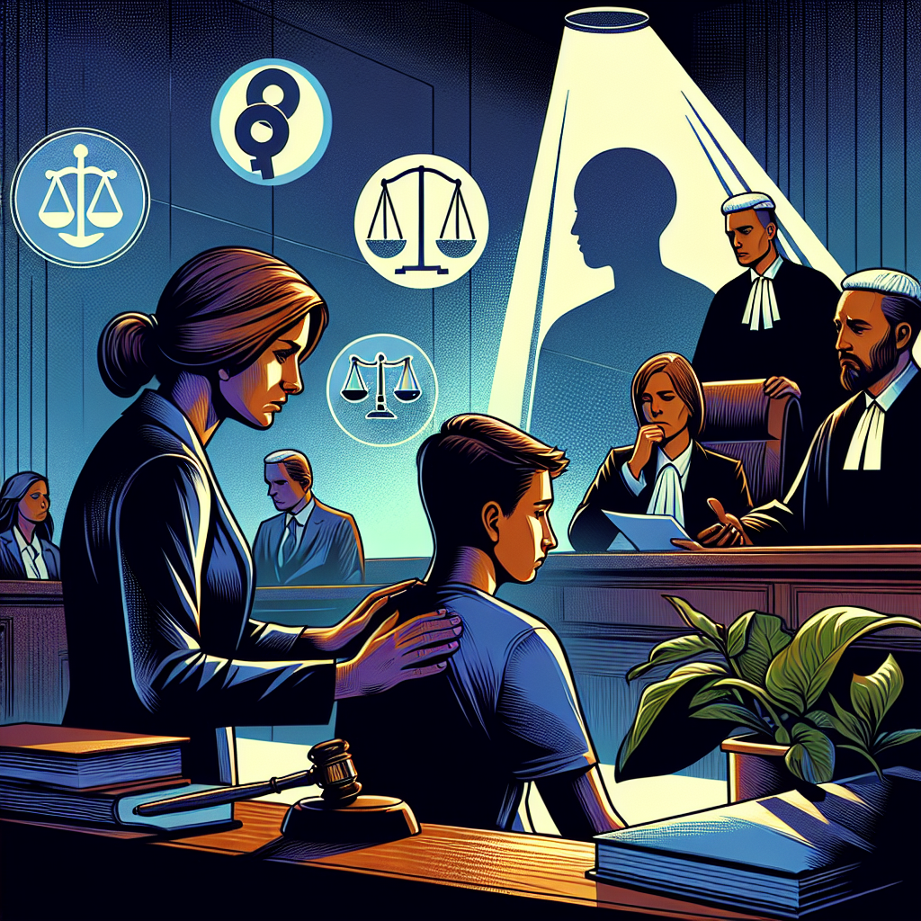 Here's a description for an image that fits your requirements:
A stylized illustration showing a courtroom scene with bold colors and clean lines. A judge's gavel and scales of justice are prominently featured. To one side, a sympathetic counselor comforts a young person, while on the other, legal professionals discuss documents. Symbolic icons representing child protection and victim rights float above. The scene is dramatically lit, creating a dynamic and engaging composition that conveys the serious nature of sexual assault cases involving minors and the complexities of the legal process.
