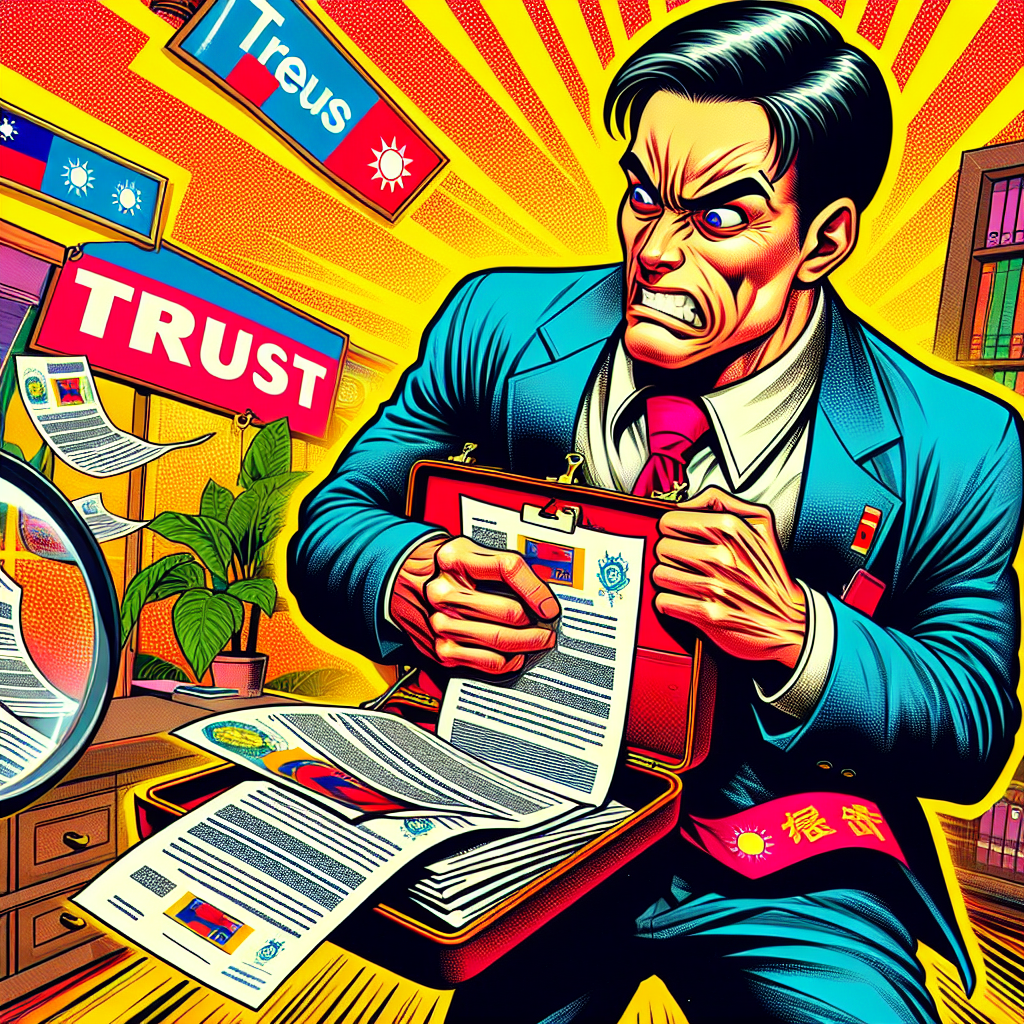 一幅充滿活力的漫畫風格插圖,描繪了一個台灣商人背叛信任的場景。商人表情誇張,正在偷偷將公司機密文件塞進公文包。背景是鮮豔的辦公室,牆上掛著"Trust"的標誌。一旁有放大鏡聚焦在商人手中的文件上,突出"背信罪"的關鍵元素。整體畫面動感十足,色彩明亮,有強烈的故事性和戲劇性,吸引讀者注意力。