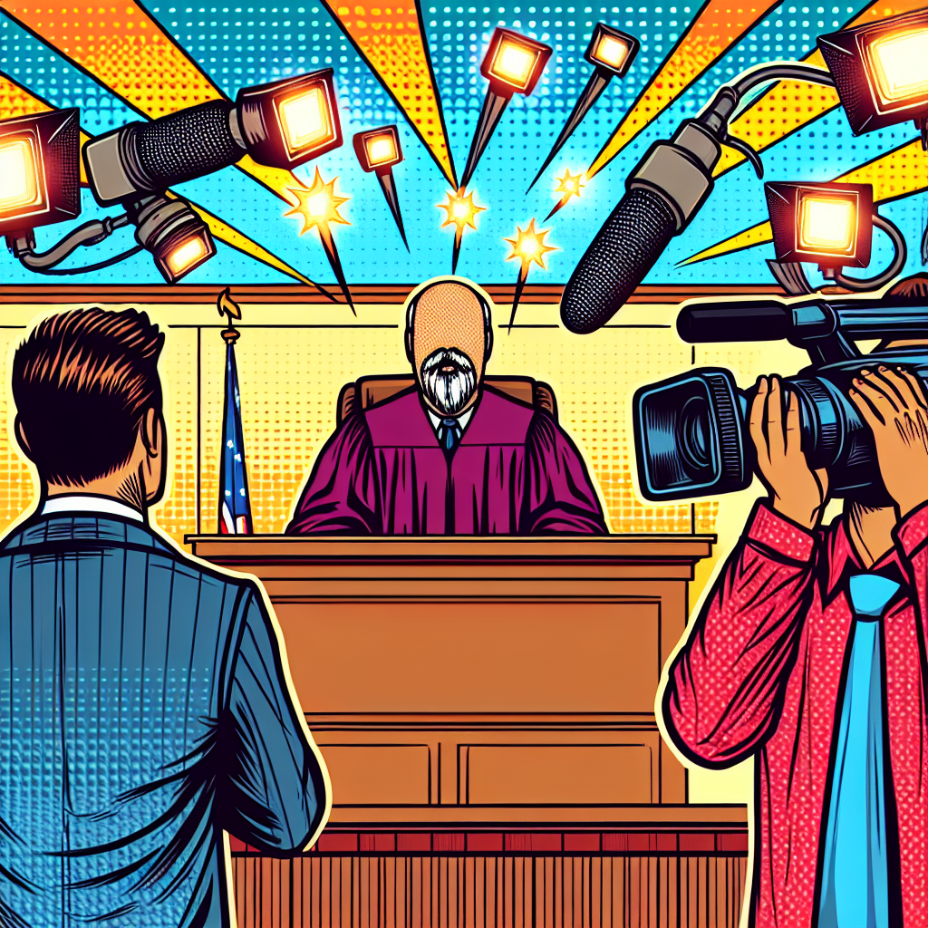 一幅生動的新聞漫畫風格插圖,描繪了一場公眾人物名譽訴訟的戲劇性場景。法庭中,一位表情誇張的名人站在證人席上,面露憤怒。對面是一名神情得意的記者,手持放大的麥克風。法官坐在高處,表情困惑地看著兩人。背景有閃光燈此起彼伏,營造出媒體關注的氛圍。整體畫面色彩鮮艷,線條簡潔有力,充滿動感,生動地呈現了公眾人物名譽案件的法律挑戰。