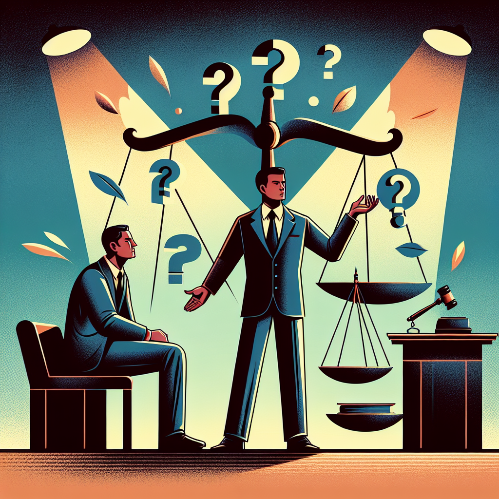 Here's a description for an image based on your requirements:
A stylized modern art illustration depicting a legal consultation scene. A Taiwanese lawyer in professional attire stands confidently, gesturing towards floating question mark icons. Opposite, a concerned client figure listens intently. Between them, a symbolic scale of justice balances truth and lies. Bold, contrasting colors and clean lines create a dynamic, visually engaging composition. Dramatic lighting emphasizes key elements, conveying themes of protection and strategy in addressing false accusations.