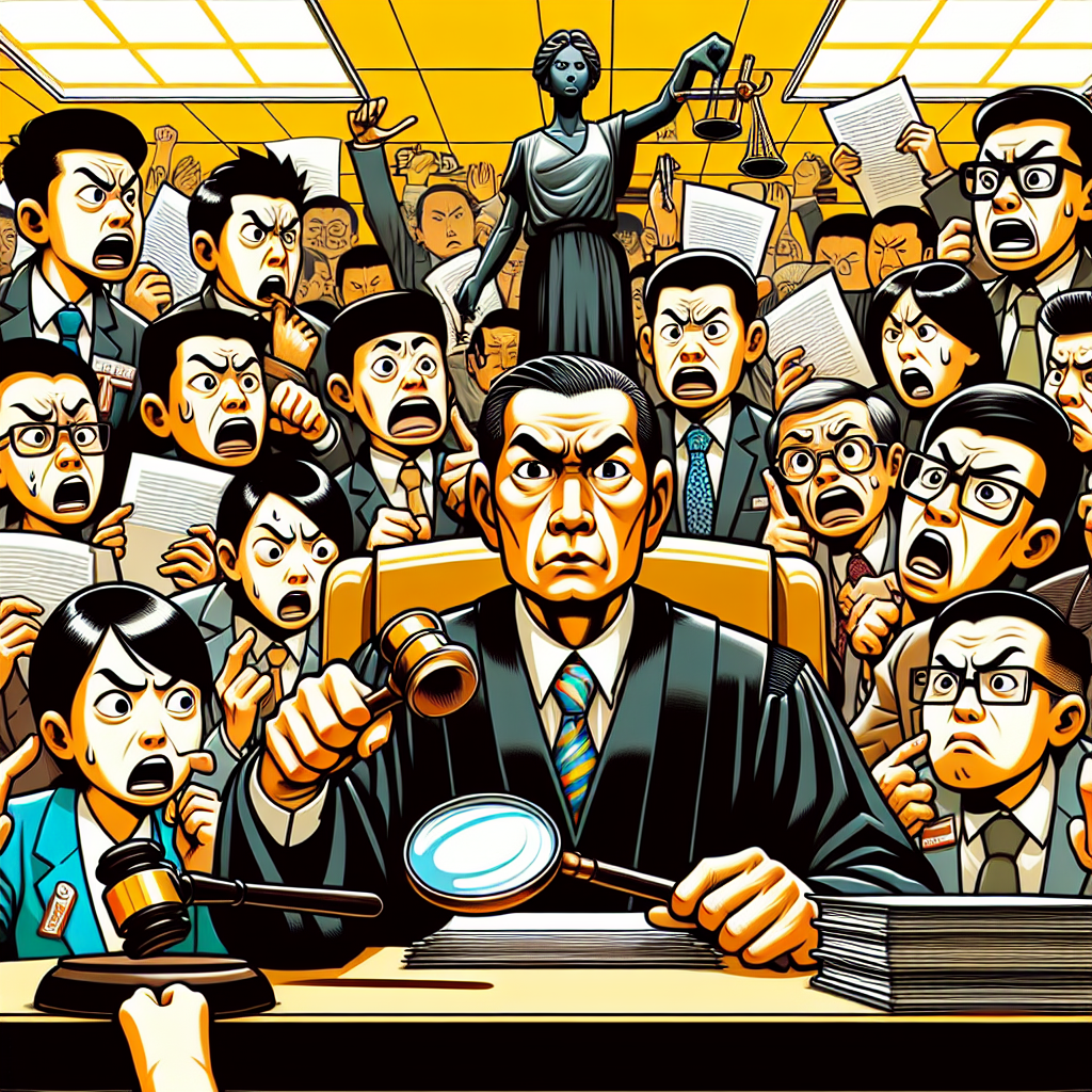 這幅插圖以誇張的漫畫風格呈現台灣法庭現場。中央是一位表情嚴肅的法官，手持放大鏡審視證據。左側是一群神情焦急的律師,手中揮舞著文件。右側站著幾位面露困惑的普通民眾。背景牆上掛著天平和法槌符號。整個場景色彩明亮,線條簡潔有力,充滿戲劇性和動感,生動展現了當前法律環境中的挑戰與爭議。