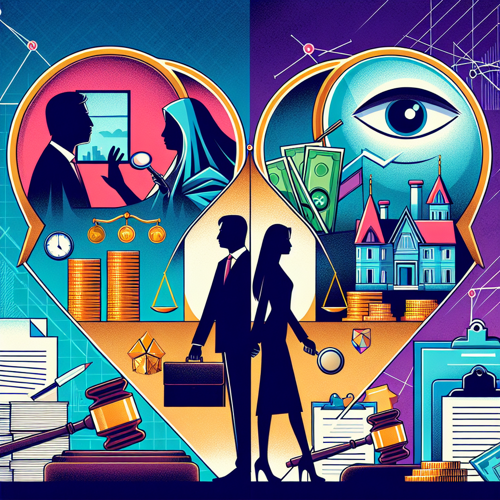 Here's a description for an image based on your requirements:
A stylized illustration showing a split scene: on one side, a silhouette of a couple separating, and on the other, a magnifying glass revealing hidden assets like property and cash. A Taiwanese lawyer figure stands in the center, connecting both sides. Bold contrasting colors and clean lines create a dynamic, professional feel. Symbolic icons of legal documents and financial symbols float around the composition, emphasizing the theme of divorce asset disclosure.