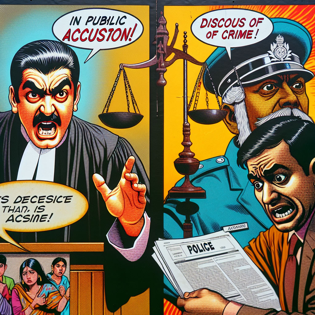 一幅生動的漫畫風格插圖,分為兩個對比鮮明的場景。左側是一位嚴肅的檢察官,身著黑色長袍,正在法庭上慷慨陳詞,代表公訴罪。右側是一位表情焦慮的受害者,正在警察局填寫告訴書,象徵告訴乃論罪。兩個場景通過一條鮮明的分界線分開,線上有一個巨大的天平圖案,暗示司法公平。整體畫面色彩明亮,人物表情誇張,充滿動感,風格類似蘋果日報的新聞圖像。