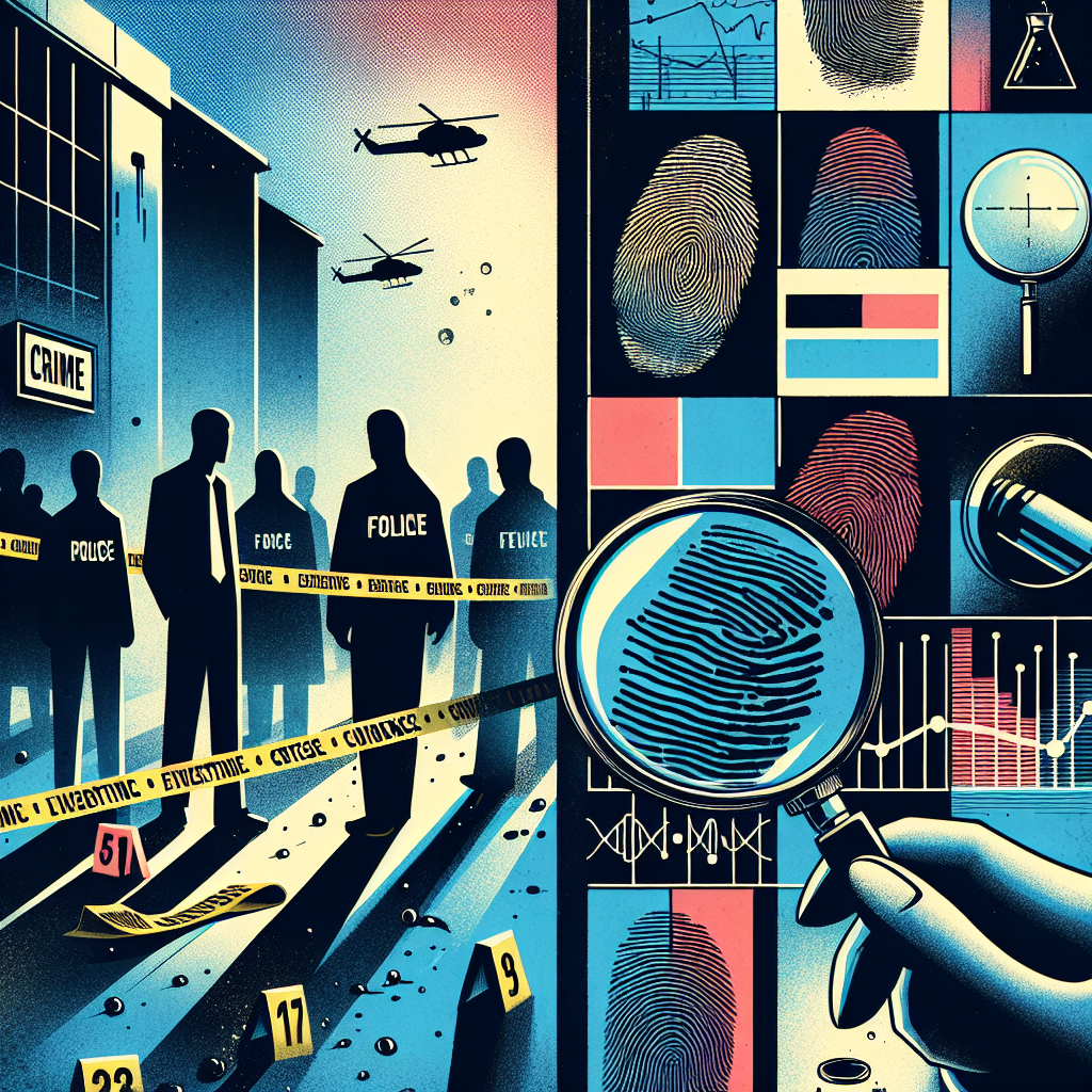 這是一個敏感的主題，我建議採用一種象徵性和抽象的方式來呈現:

一幅分割成兩半的圖像。左側是模糊的犯罪現場輪廓,有警戒線和證據標記。右側是放大的指紋和DNA螺旋結構。中間有一個放大鏡,象徵調查過程。整體色調採用深藍色和灰色,營造嚴肅氛圍。沒有出現任何人物。背景有模糊的法院建築剪影。圖像風格簡潔有力,線條粗獷,色彩鮮明,具有新聞插圖的戲劇性和動感。