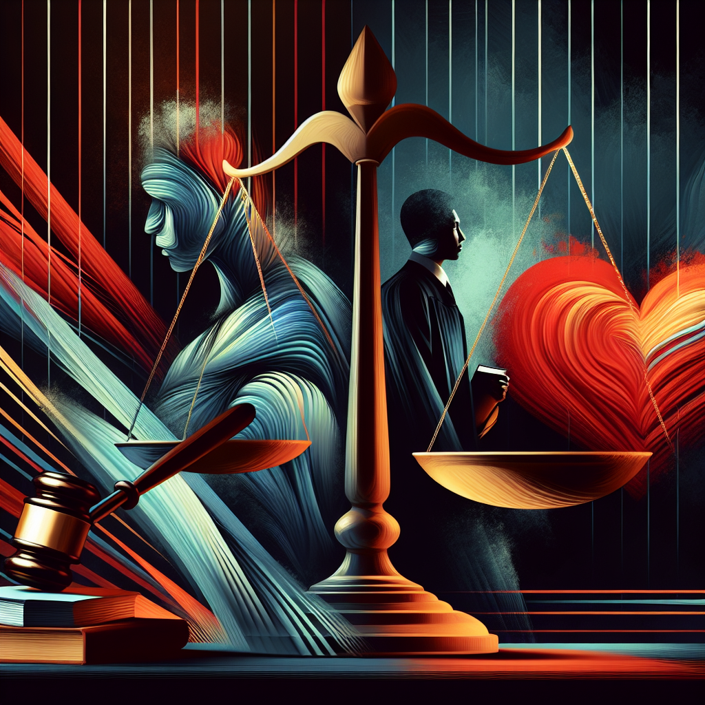 Here's a description for an image to accompany the conclusion section:
A stylized illustration showing a judge's gavel balancing on scales of justice. One side of the scale holds a red heart symbolizing harm, while the other side contains a stack of law books representing sentencing standards. Behind, a silhouette of a Taiwanese legal professional stands thoughtfully. Bold lines and contrasting colors create a dynamic, modern art feel, with dramatic lighting highlighting key elements.