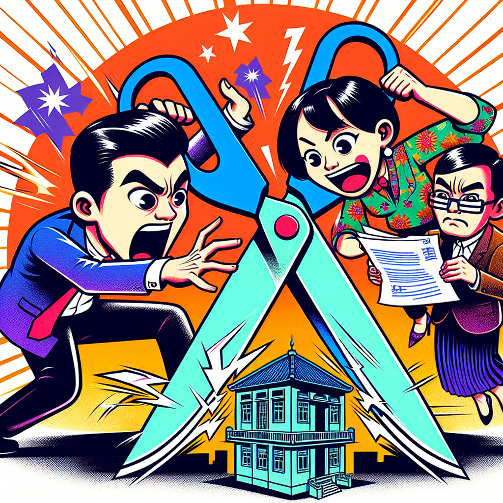 圖片描述:
一幅充滿活力的漫畫風格插圖,展示了一對台灣夫妻正在分割財產。男方手持巨大的剪刀,試圖切割一棟房子,而女方則緊抓著房子的另一邊。兩人表情誇張,眼睛瞪大。背景中,一位穿西裝的離婚律師拿著放大鏡仔細審視一份文件。整個場景色彩鮮艷,線條簡潔有力,充滿戲劇性和動感,吸引眼球並傳達出強烈的故事性。