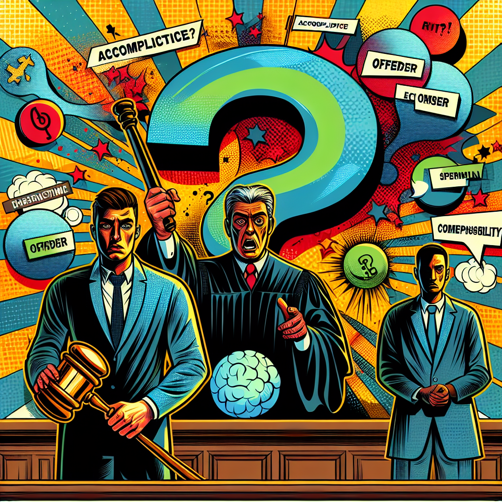 圖片描述:
一幅鮮豔生動的漫畫風格插圖,展現一個法庭場景。中央是一位表情誇張的法官,手持放大的木槌。左側站著一位神情焦慮的被告,右側是一位自信滿滿的律師。背景有一個巨大的問號,周圍環繞著"幫助犯"、"正犯"和"刑事責任"等關鍵詞氣泡。整體畫面充滿動感,色彩明亮,線條簡潔有力,突出了法律概念的複雜性和常見問題的重要性。