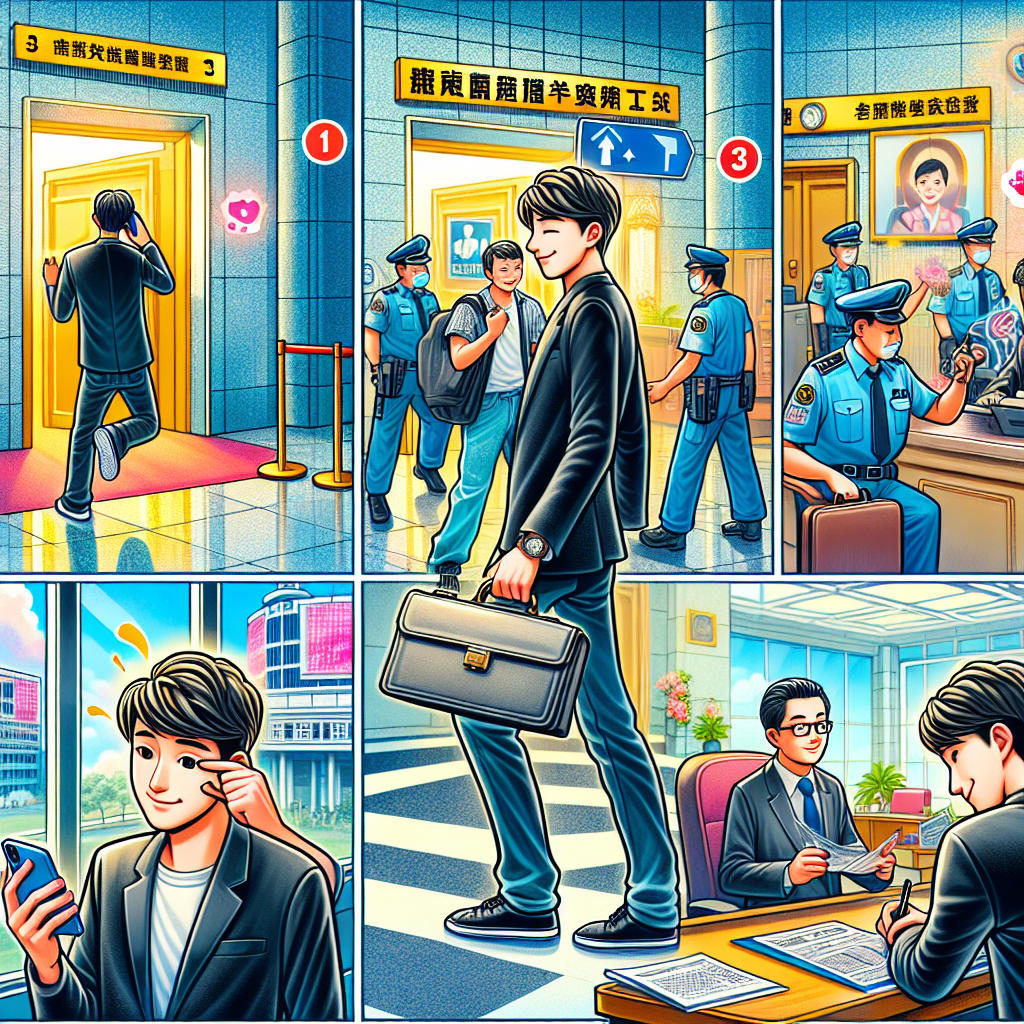 這個圖片描述了一個年輕的台灣男子正在進行律師接見的三個步驟。場景設計成一個明亮的漫畫風格法院大廳,分為三個區域。第一區顯示男子拿著手機預約;第二區他正在通過安檢;第三區他與律師在會面室交談。每個步驟都用誇張的表情和動作呈現,色彩鮮艷生動。整體畫面充滿活力和戲劇性,突出了律師接見流程的關鍵環節,讓人一目了然。