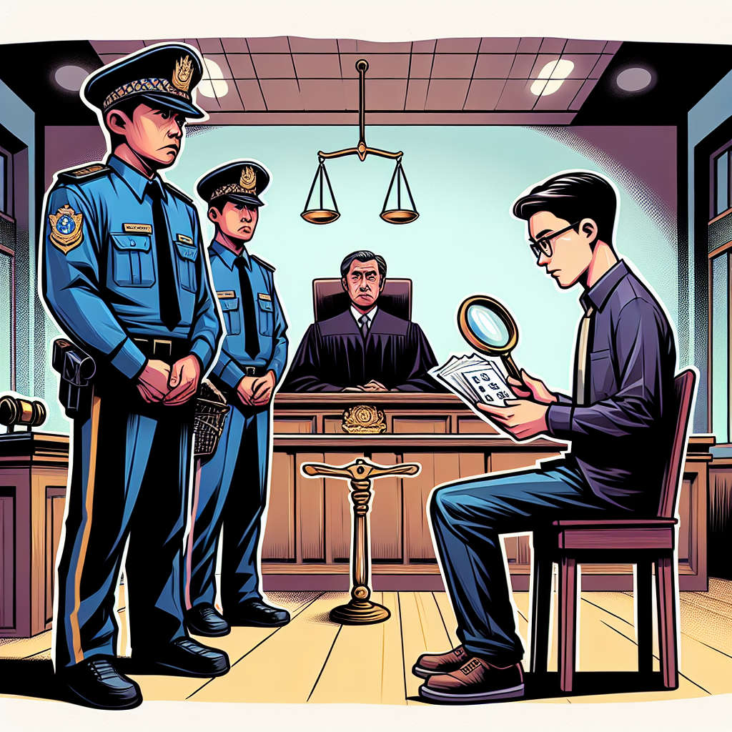 圖片描述:
一名台灣男子坐在法官席前,表情緊張。法官手持放大鏡,仔細檢視一份文件,文件上有明顯的塗改痕跡。背景是法庭,牆上掛著天平秤和法槌。男子身後站著兩名警察,一臉嚴肅。整個場景以誇張的漫畫風格呈現,色彩鮮豔,線條簡潔有力,充滿戲劇性和動感,吸引眼球並引人入勝。