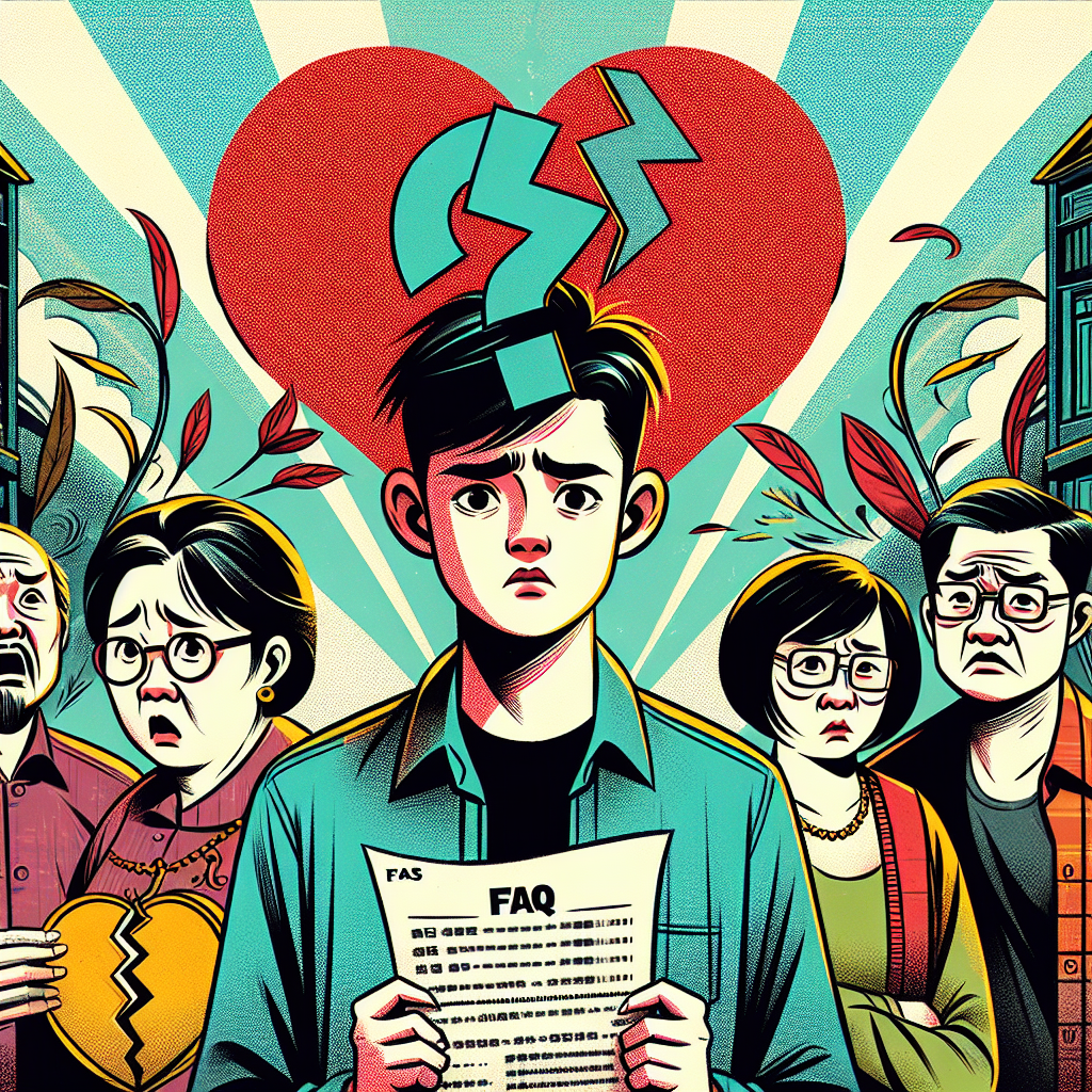 一幅生動的插圖展示了一個台灣家庭場景。中央是一位年輕人，表情困惑，頭頂有一個大問號。他的一側是父母，另一側是祖父母，每個人都有誇張的表情。年輕人手持一份文件，上面有"FAQ"的標誌。背景有一個破裂的心形符號，象徵著家庭關係的變化。整個場景色彩鮮艷，線條簡潔有力，充滿動感，呈現出類似蘋果日報的新聞圖像風格。